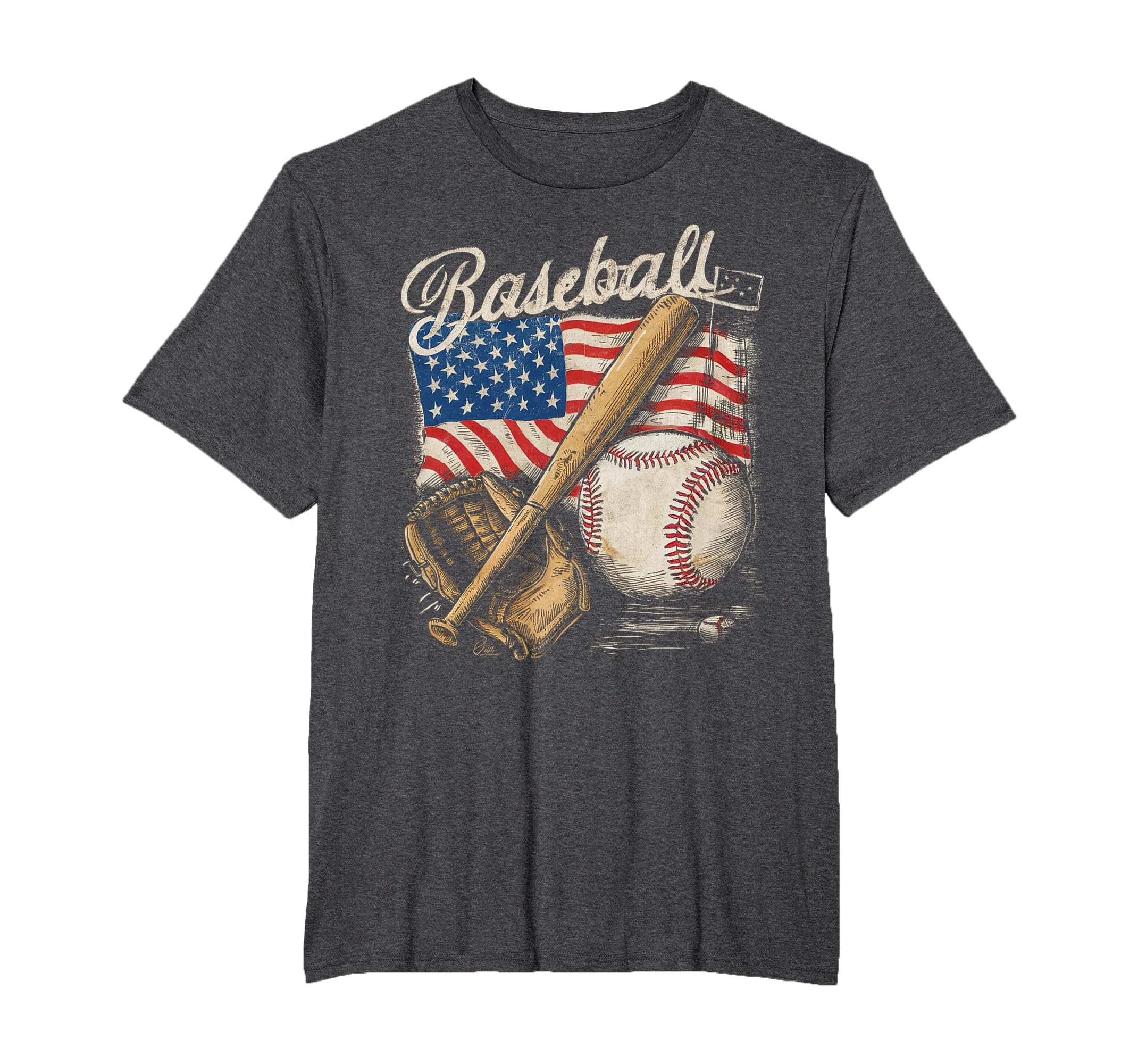 American Flag Baseball Player Bat Fan Catcher Pitcher USA T-Shirt