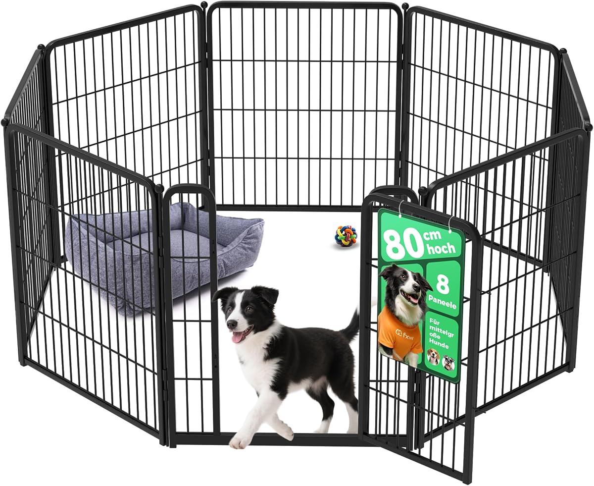 fxw Homeplus Hundelaufstall, Stabile 80cm 8 Drahtpaneele Hundeauslauf für Mittelgroße und Große Hunde, Schwarz