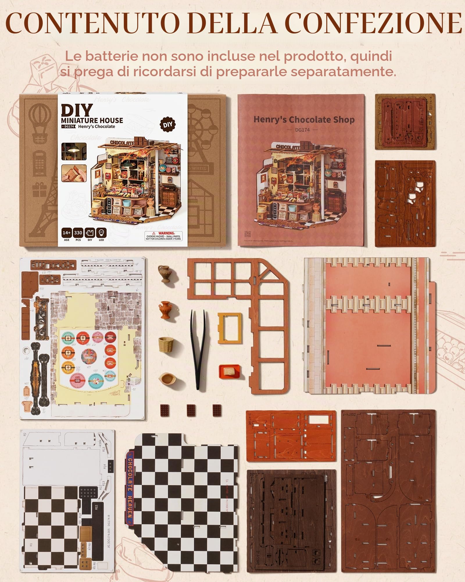 ROBOTIME Kit Casa delle Bambole in Miniatura Henry’s Chocolate, Fai-da-te in Legno con LED, Modellismo da Costruire Adulti, Regalo Creativo per Adulti e Adolescenti