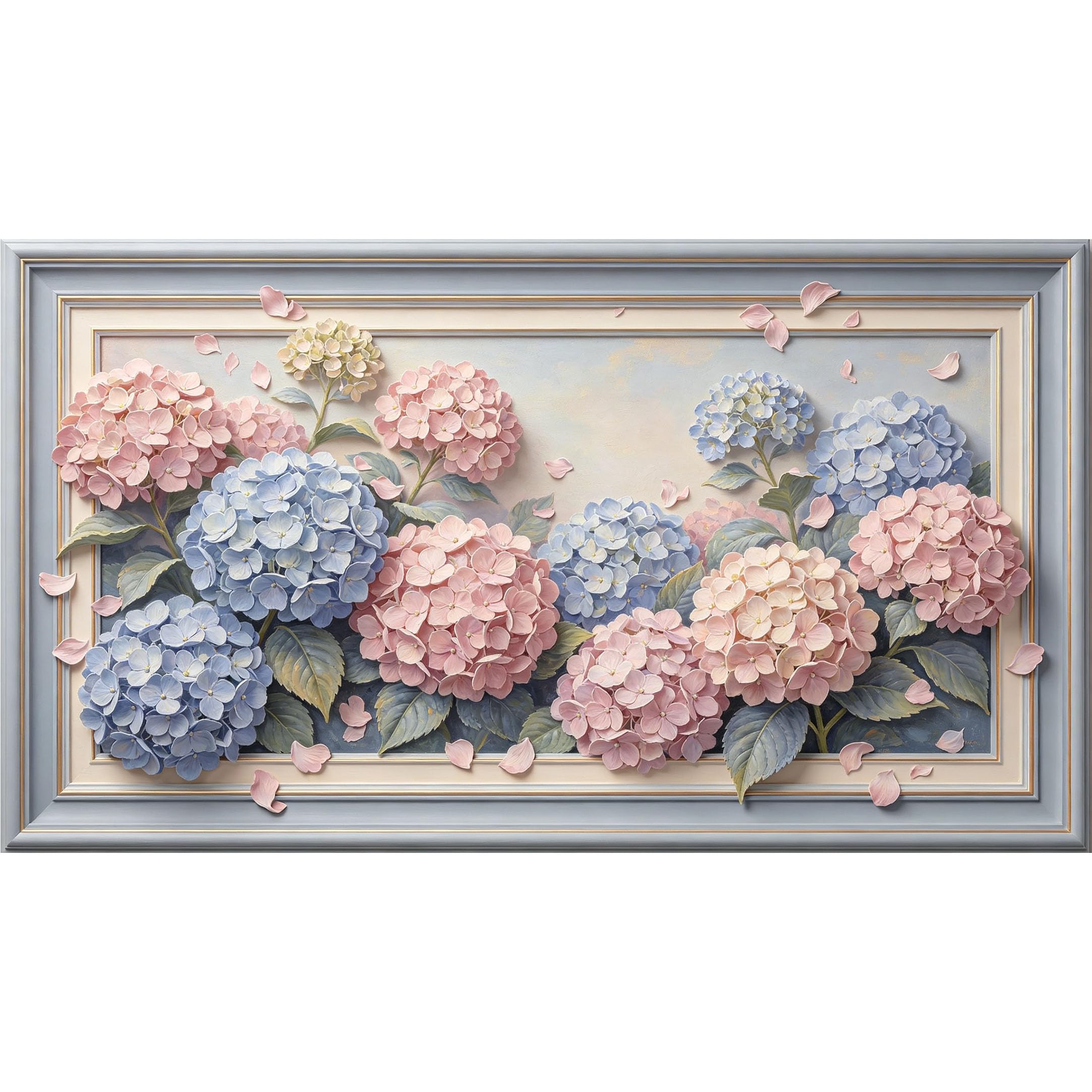 QZLITHOTIC 50x90cm3D Framed Wall Art， Botanical Hydrangea Blossom Watercolor Self‑Adhesive Mural， Water‑Activated Peel & Stick Fabric Decor Wall Decal for Bedroom Living Room