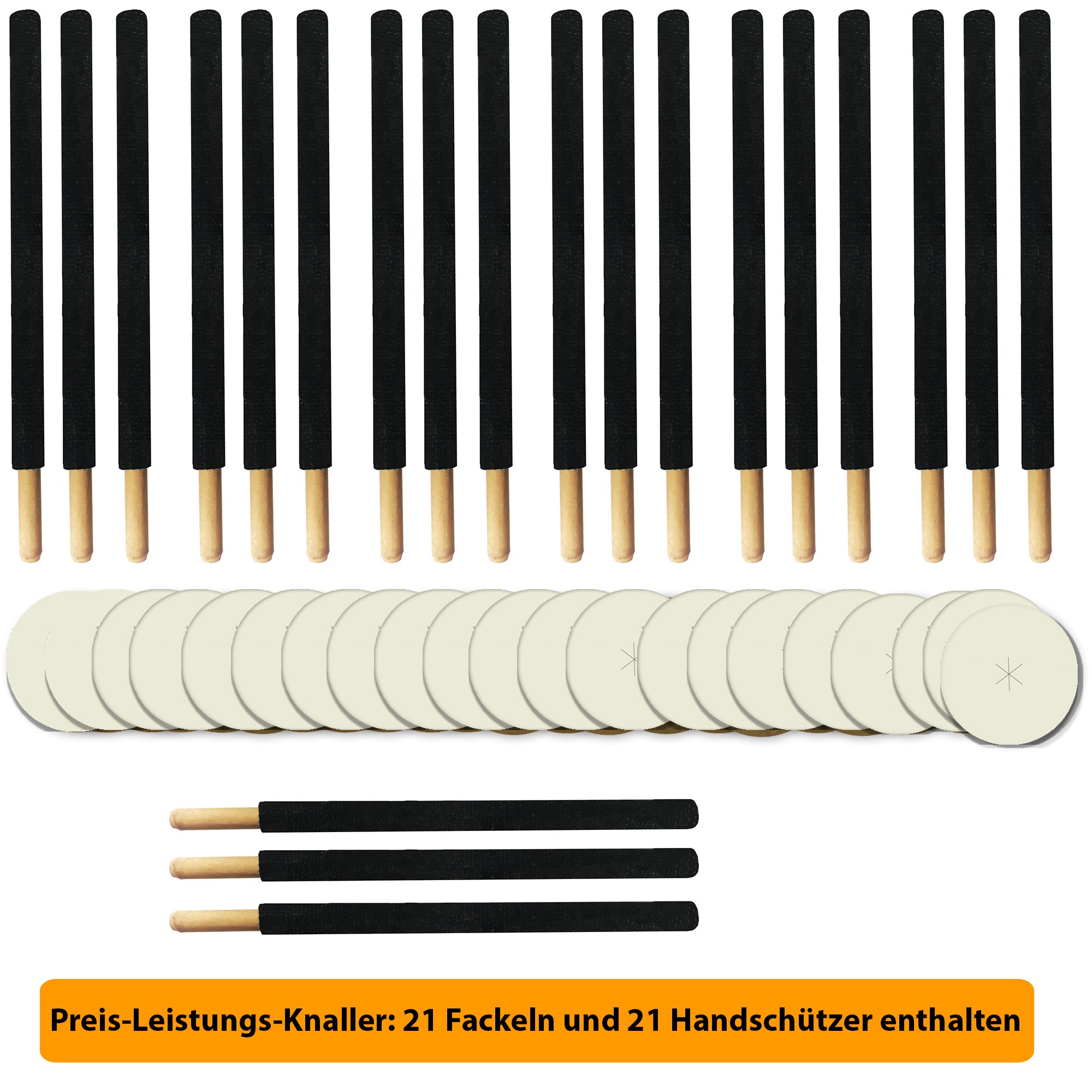 Antorchas (21 x 80 min) de Cera, Incluye protección para Las Manos, con Mango extralargo, antorchas Infantiles Divertidas para Senderismo Nocturno