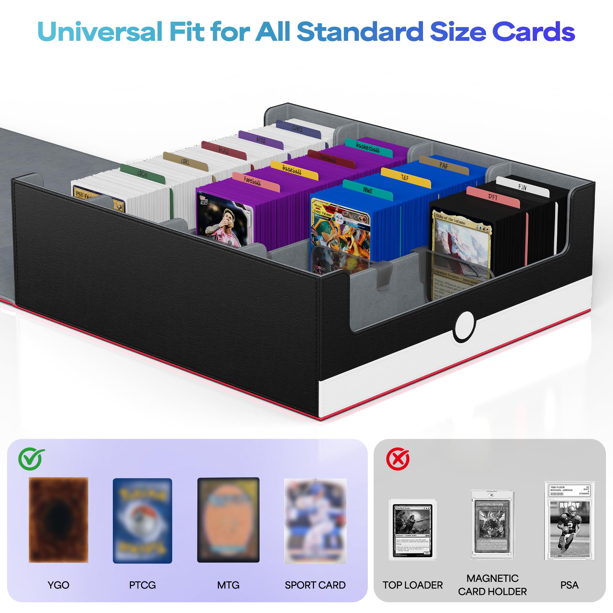 UAONO Caja de almacenamiento de tarjetas para tarjetas intercambiables, más de 2400 MTG Commander con 24 separadores coloridos, funda para tarjetas para juegos deportivos Magic TCG PTCG (rojo y blanco