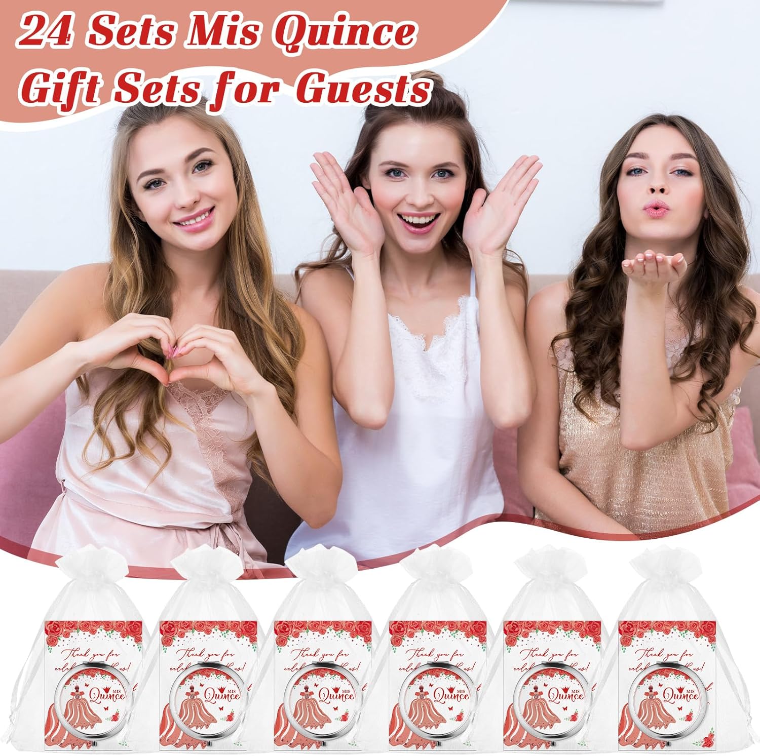 24 Sets Quinceanera Party Favors for Guests Mis Quince Compact Pocket Mirrors and Quinceanera Cards with Organza Bags for 15 Years Sweet Mis Quince Birthday Party Favor (Red)