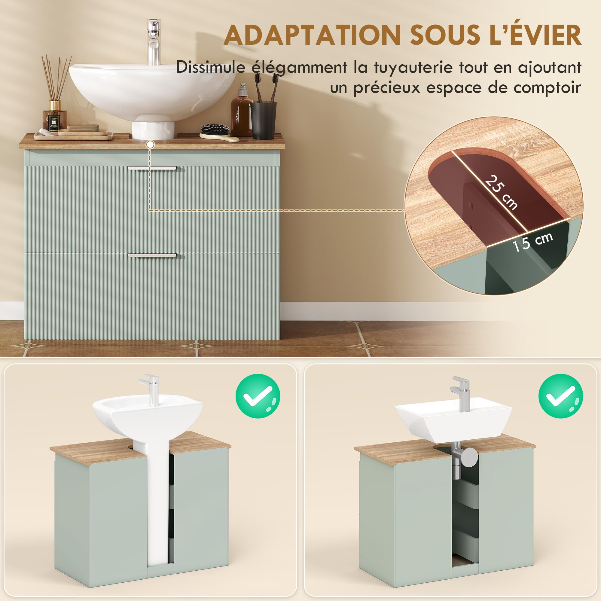 HOMCOM Meuble sous lavabo, Meuble de Salle de Bain avec 2 tiroirs, Armoire de Salle de Bains sous lavabo, Style Moderne, 80 x 40 x 60 cm, Vert et Bois Naturel