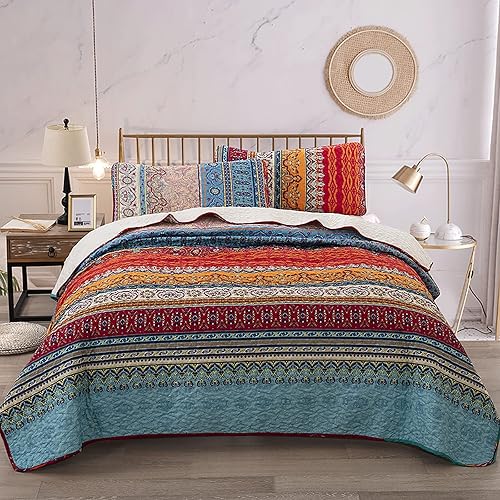 Vista 183 de WONGS BEDDING Juego de edredón bohemio tamaño Queen Aqua, juego de colcha de 3 piezas a rayas, de microfibra ligera y suave bohemia para todas