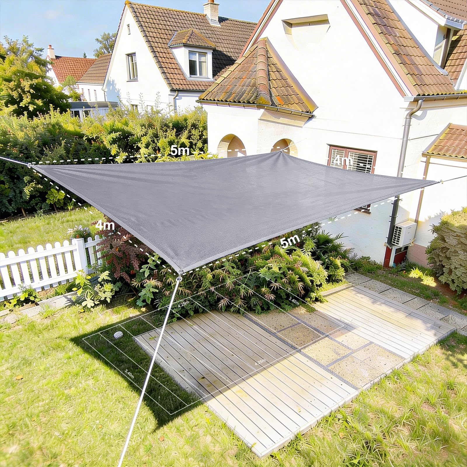 HAIKUS Sonnensegel 4x5 m Rechteckig, Premium HDPE UV Schutz Sonnenschutz Atmungsaktiv Wetterbeständig für Garten Balkon und Terrasse, inkl Befestigungsseile, Rechteck 4x5m Hellgrau