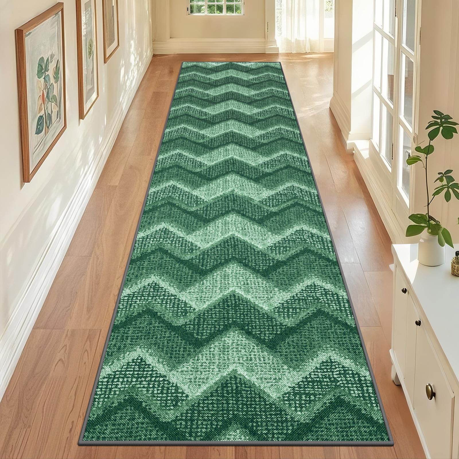 TUKDAK Green Runner Rugs for Hallway Non Slip 60x240cm, Boho Washable Runner Rug for Entryway, Bohemian Geometric Long Hall Carpet for Kitchen Bedroom Laundry Living Room, Soft Low Pile Non Shedding