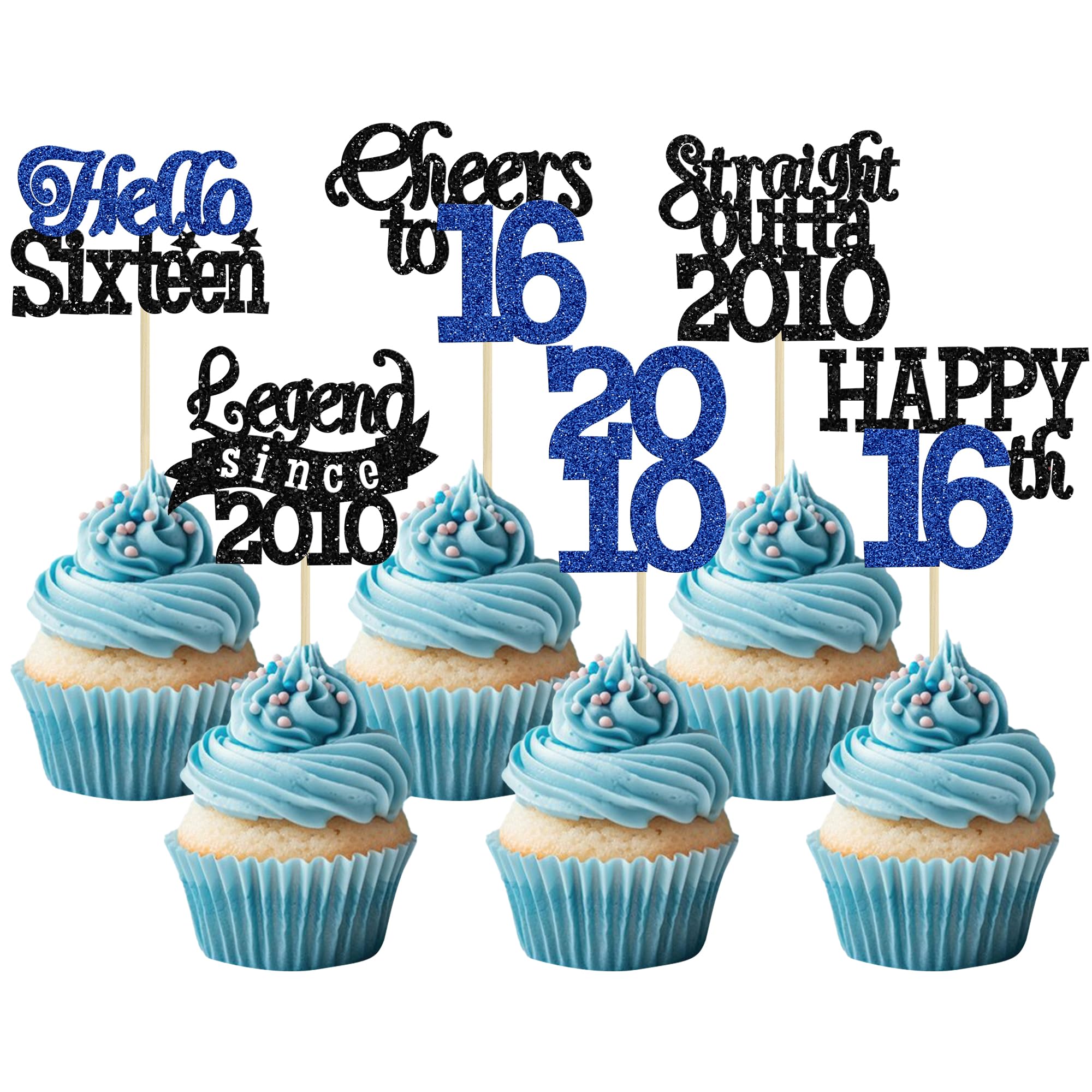 Gyufise 24Pcs Happy 16th Birthday Cupcake Toppers Sweet 16 Legend Since 2010 Cupcake Picks Cheers to 16 Years Cake Decorations for 16th Birthday Anniversary Party Supplies Black Blue