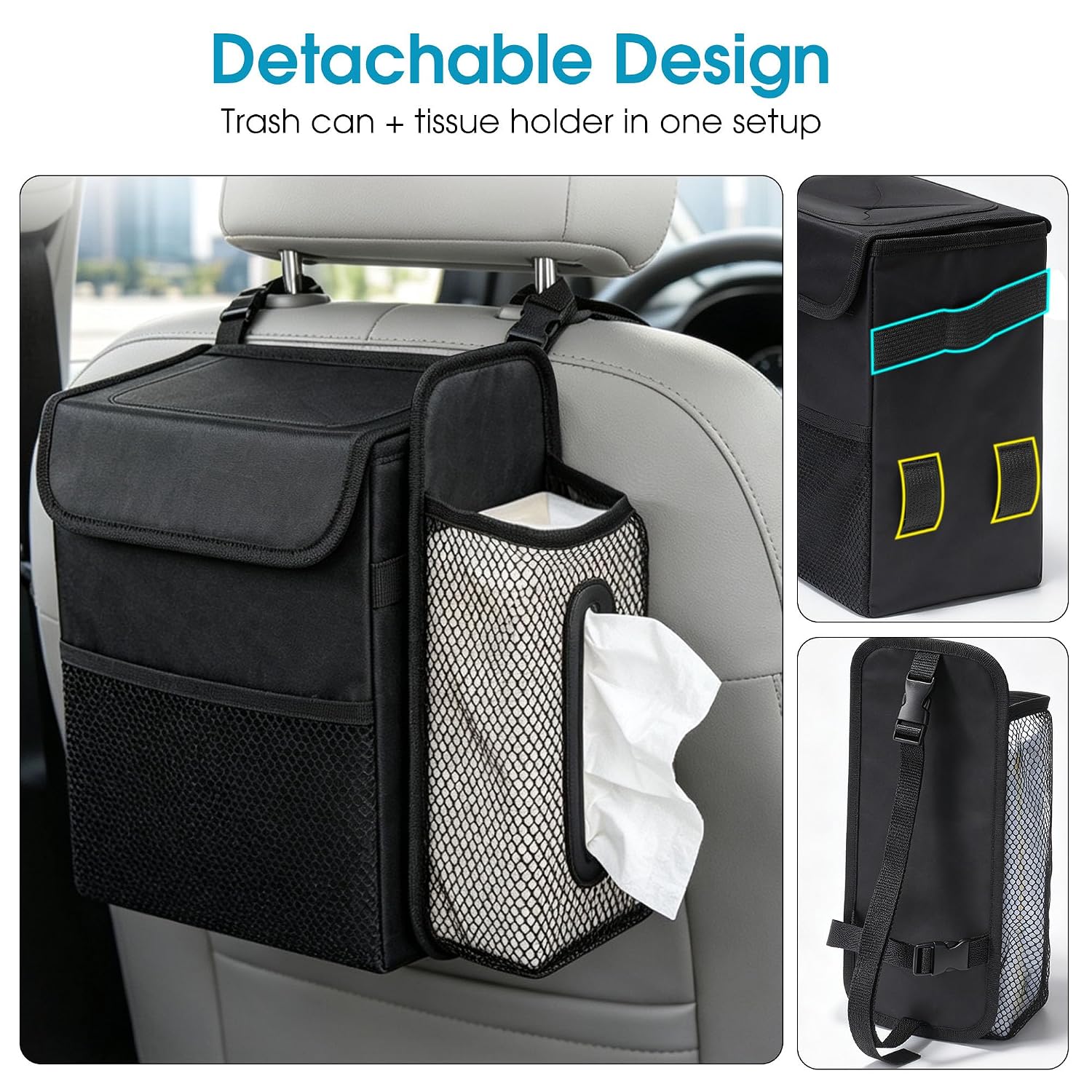 Ryhpez Car Trash Can with Tissue Holder Detachable, Leakproof, Black | Car Garbage Can with Removable Car Napkin Holder, Car Trash Bin with Lid for Headrest, Console, Truck, SUV Car Accessories