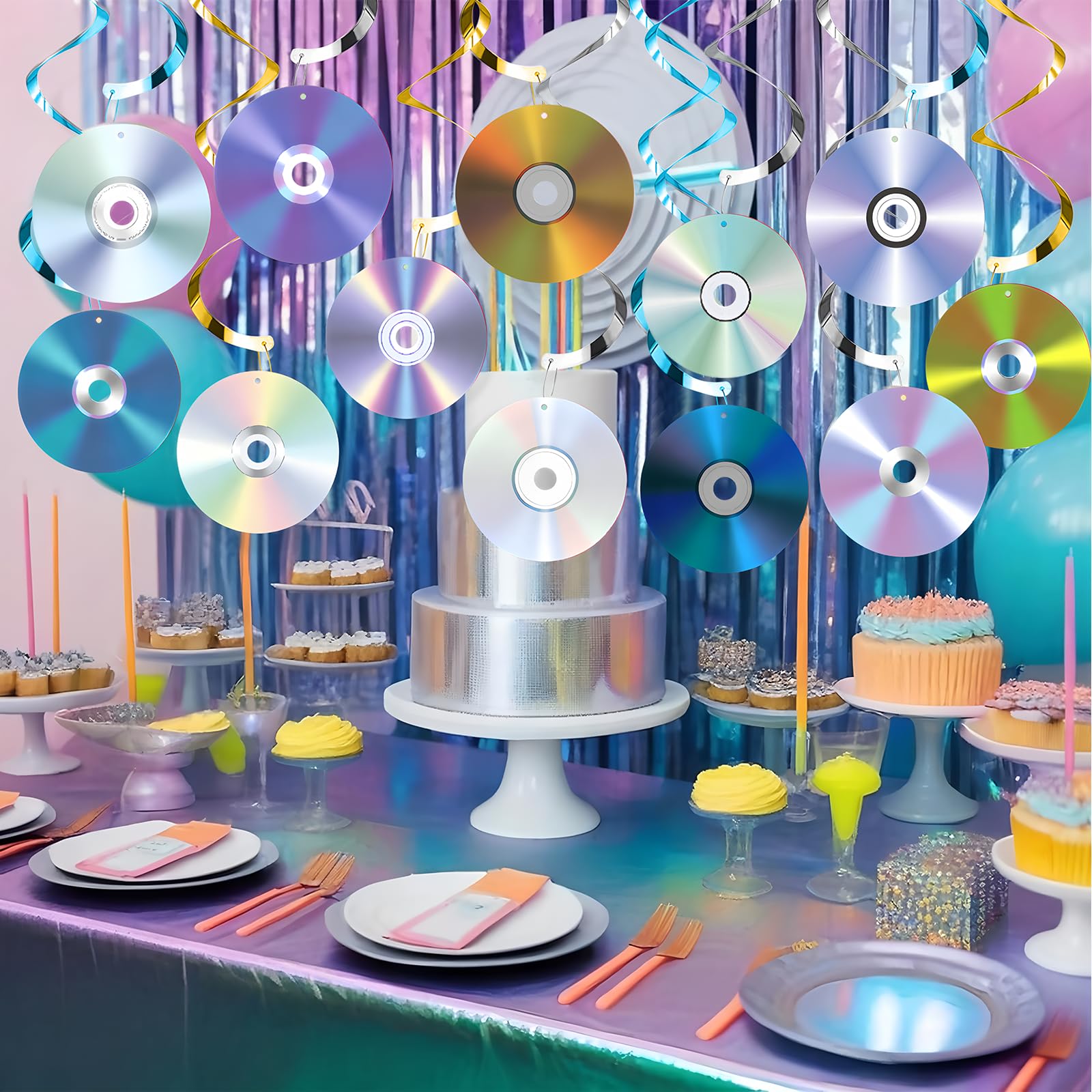 24 szt., wiszące dekoracje na imprezę w stylu lat 90-tych - retro CD muzyka tematyczna impreza sufitowa serpentyny na lata 90. 2000 Y2k artykuły dekoracyjne na przyjęcie urodzinowe, 12 wzorów