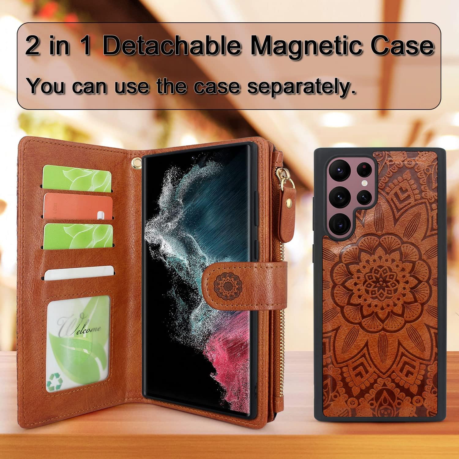 Harryshell Detachable Magnetic Zipper Wallet Leather Case with Cash Coin Pocket 12 Card Slots Holder Wrist Strap Lanyard for Samsung Galaxy S22 Ultra (2022) Flower (Light Brown)