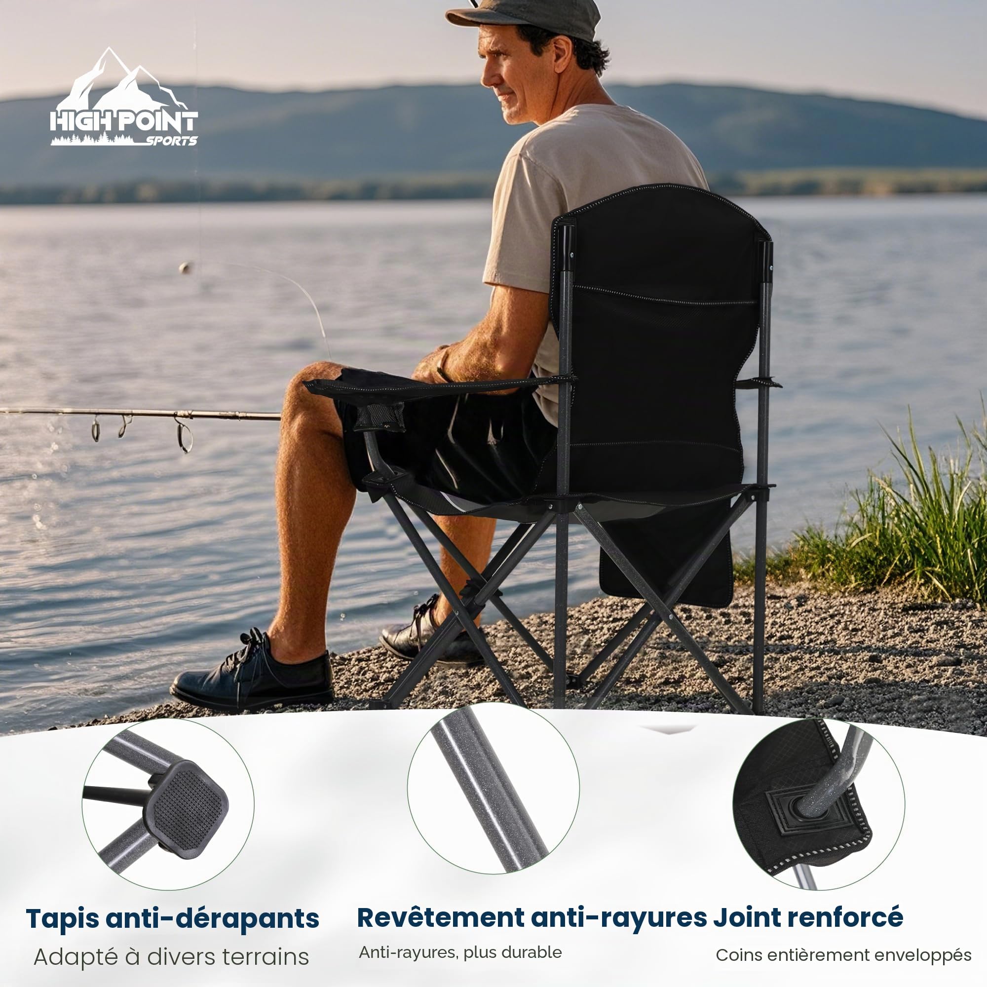 HIGH POINT SPORTS Chaise Pliante Camping 160KG, Chaise de Camping Pliable Portable Surdimensionnée Chaise Pliante Exterieur et Interieur Fauteuil Camping Chaise de Peche Noir-Gris