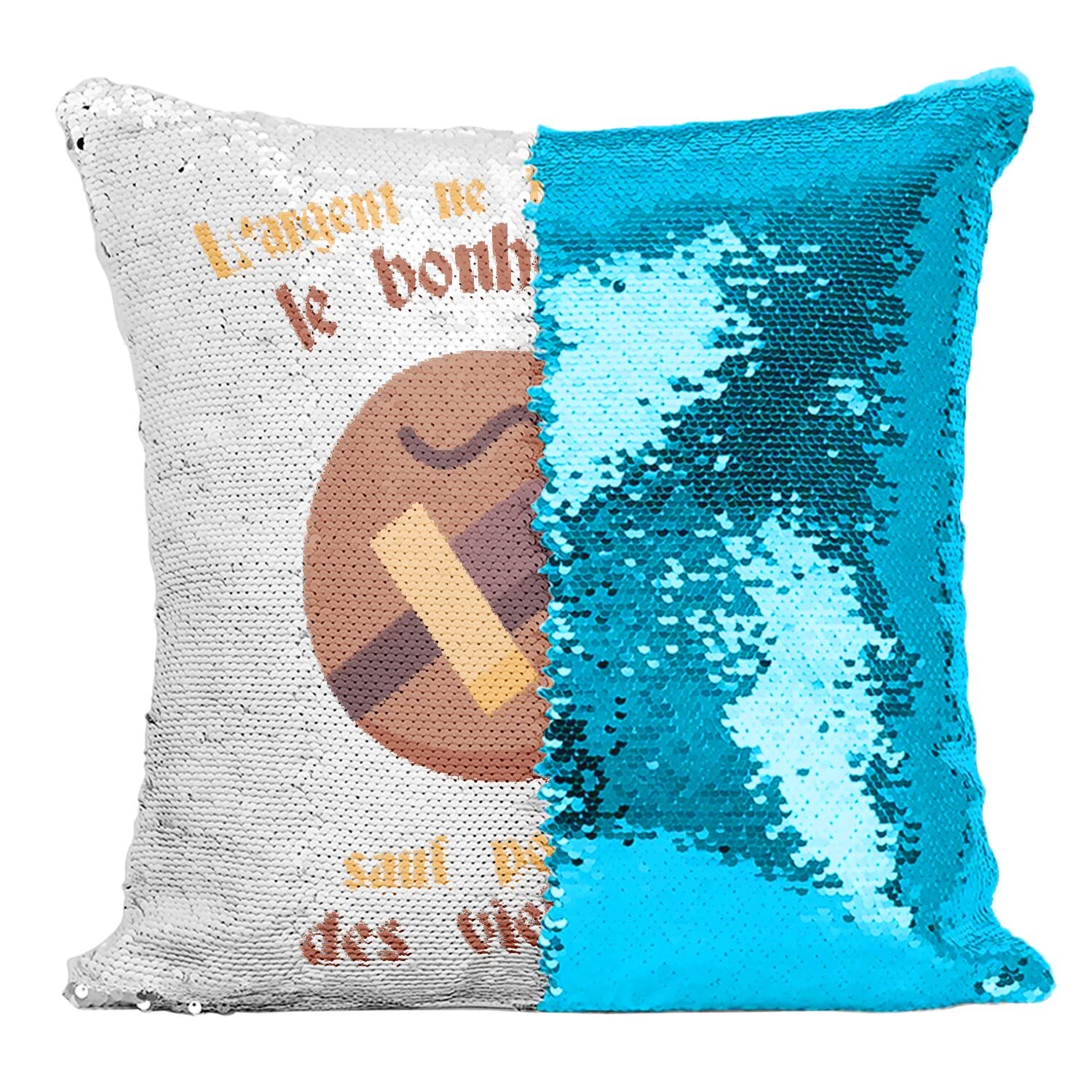 Coussin Sequin Paillettes Turquoise Vielle à Roue et Message Moyen Âge