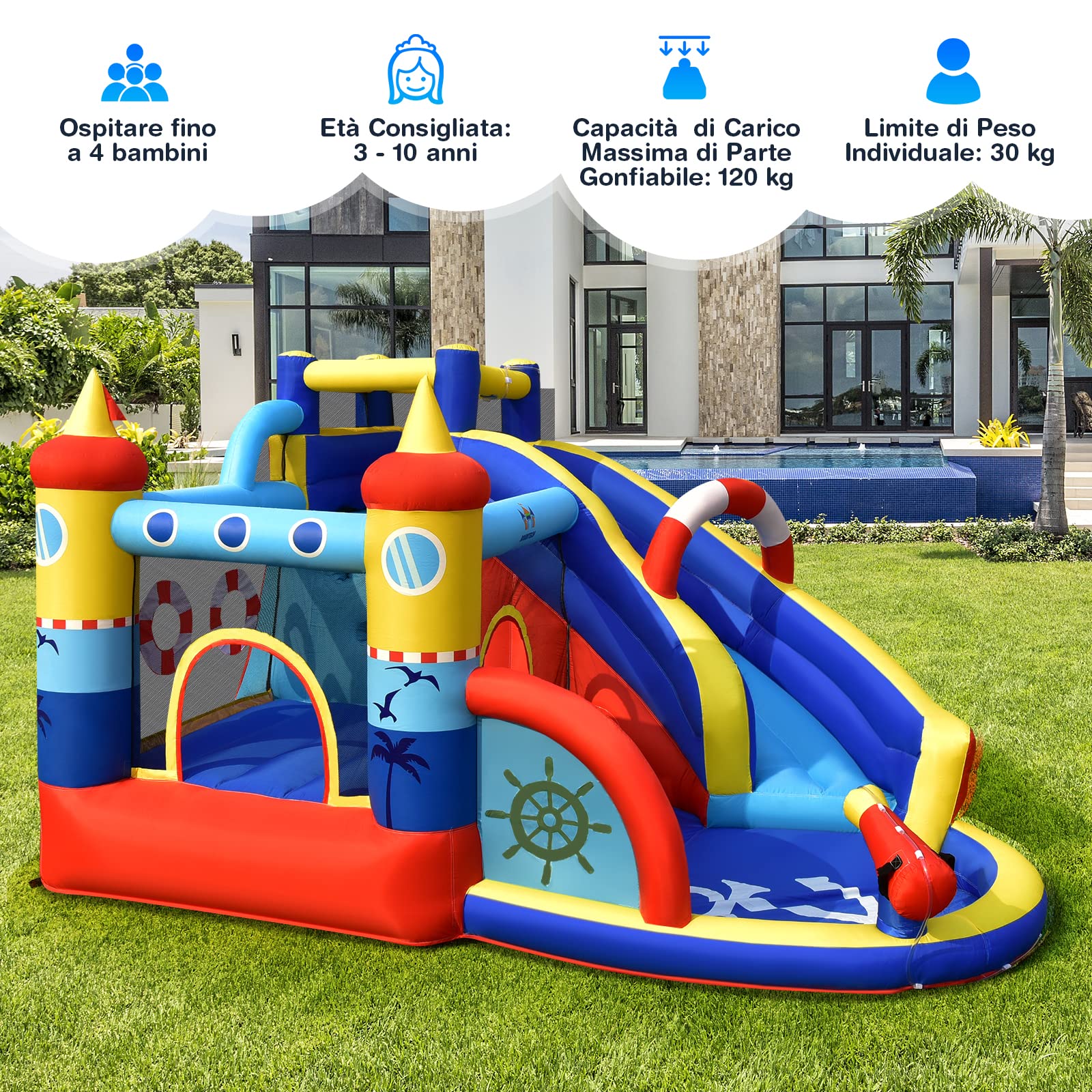 COSTWAY Castello Gonfiabile per bambini, Casa Gonfiabile con Scivolo, Area per Saltare, Piscina, con Borsa di Trasporto e Kit di Riparazione, per 4 Bambini di 3-12 Anni (Senza soffiatore)