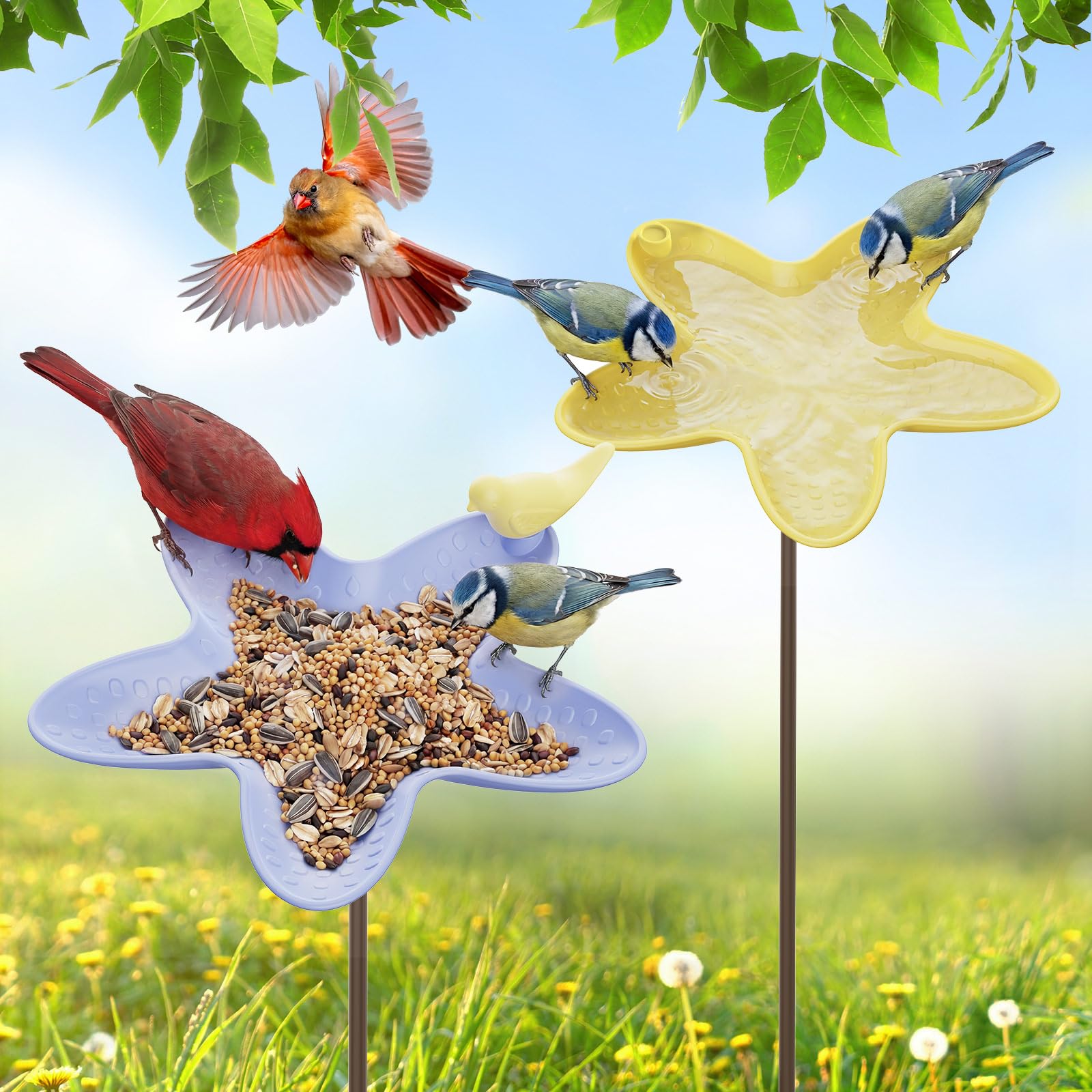 Kinsgyard 2 Pack Free Standing Tray Bird Feeders with Adjustable Pole, Wild Bird Feeder for Outdoor Garden Yard Decor, Large Seed Capacity, Easy to Clean and Refill, Yellow & Purple