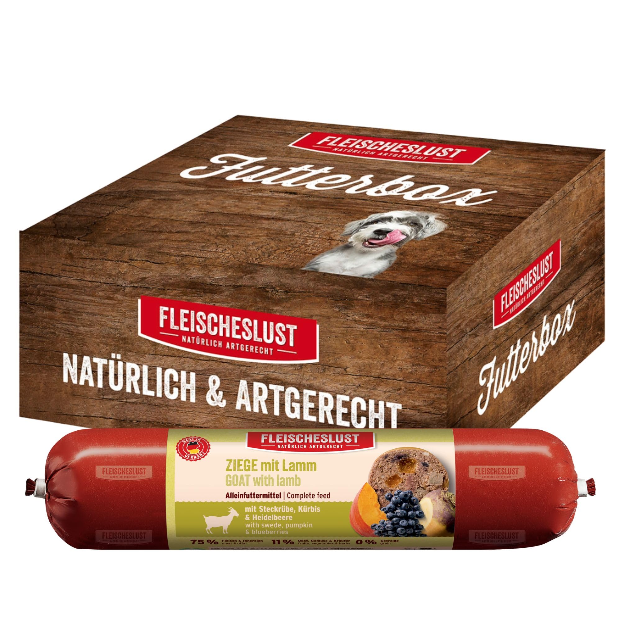 Fleischeslust Salchicha para perros | cabra y cordero con colinabo, calabaza y arándano, caja de alimentos (6 x 800 g) | comida húmeda | resistente a los cortes | sin cereales | pienso completo para