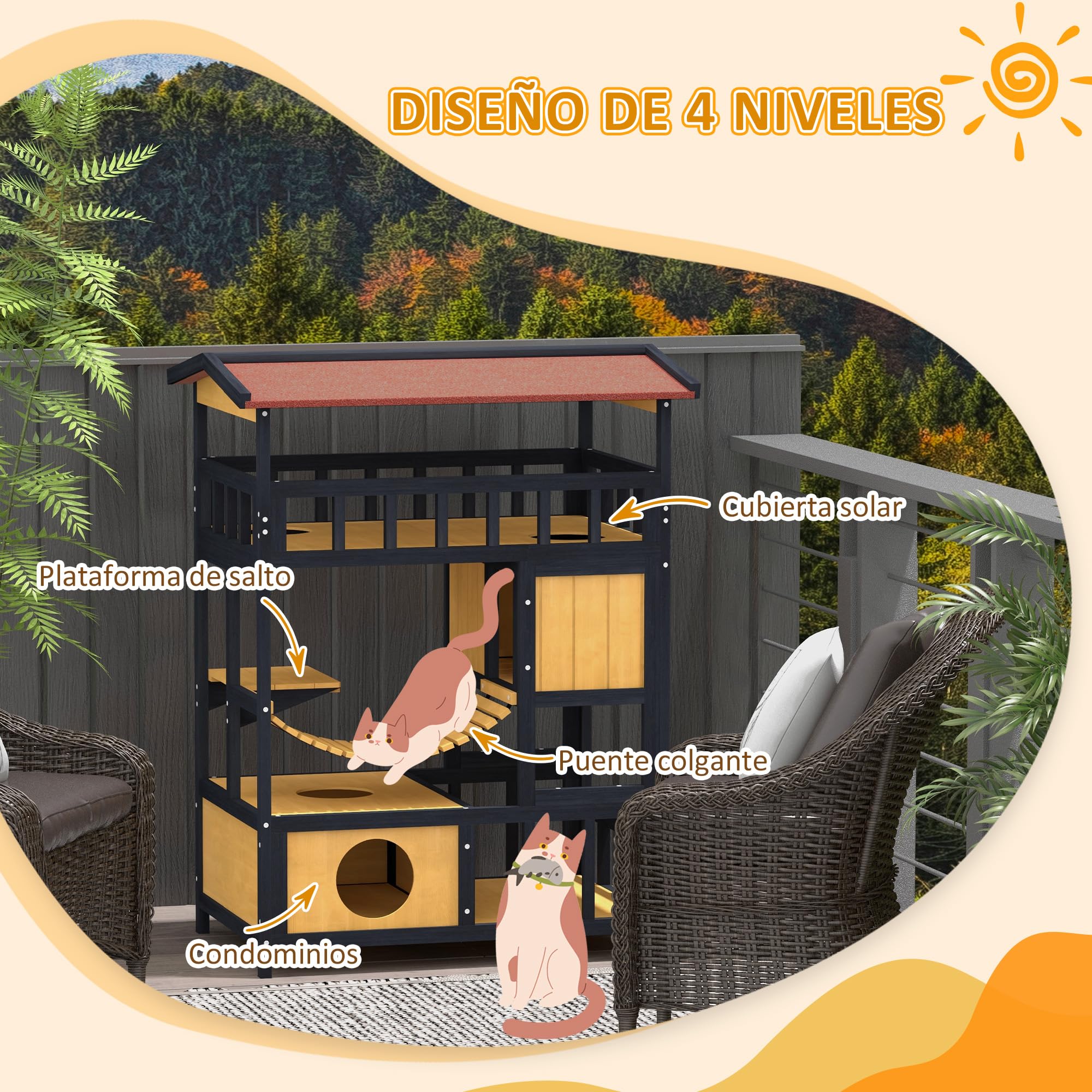 PawHut Casa para Gatos de Madera 84x60x116 cm Caseta para Gatos de 4 Niveles con Puente Colgante Balcón y Techo Asfáltico para Exterior e Interior Natural