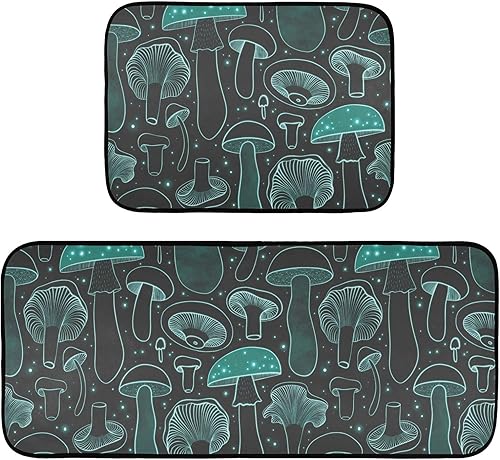 Miniatura 1 de Juego de 2 tapetes de cocina antideslizantes de color verde hongo brillante, juego de 2 piezas acolchadas, impermeables, antideslizantes, cómodas,