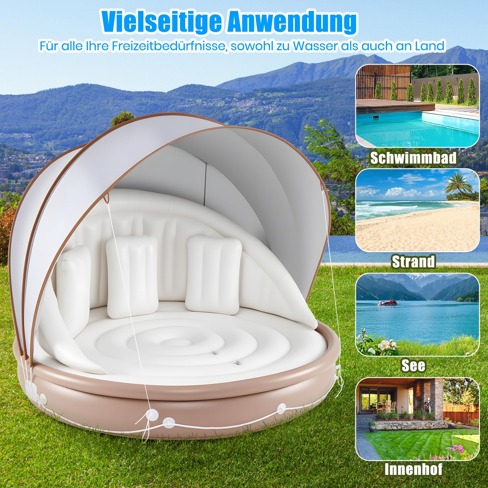GYMAX Badeinsel Aufblasbar XXL, 186 x 186 cm, Schwimminsel mit Abnehmbarem SPF 50+ Sonnendach & 3 Kissen, 200 kg Belastbare Aufblasbare Insel für 2 Personen, Luftmatratze Wasser für Pool & Meer