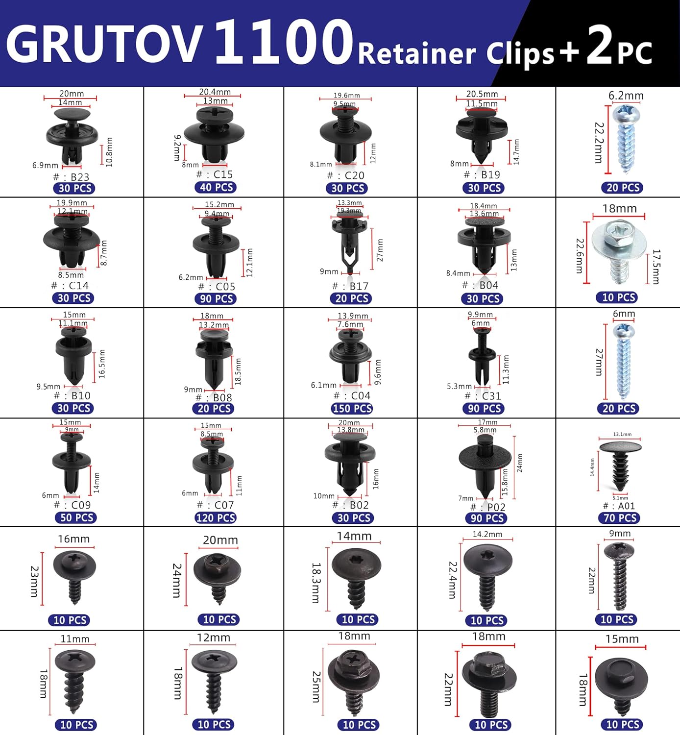 1102PCSCar Bumper Clips Automotive Push Pins Plastic Rivets Shield Retainer Clips Assortment Xmas Tree Fasteners Kit Most Common Sizes Auto Body Push Pin with Removers for Ford Honda Chrysler GM