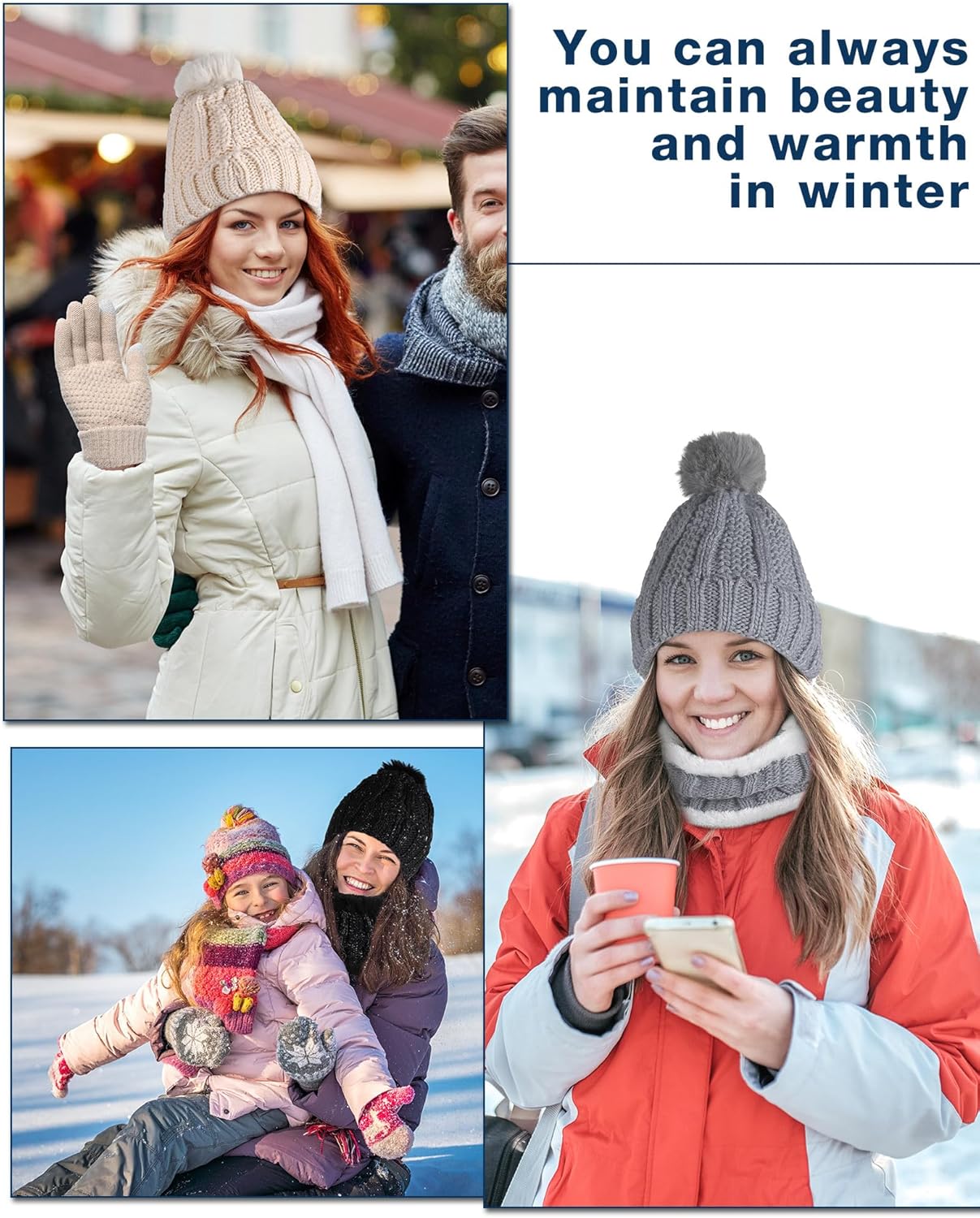 Suhine 18 Pcs Winter Beanie Hat Scarf Gloves Set for Women Include 6 Pcs Knit Hat Warm Beanie with Pompom 6 Pcs Fleece Lined Neck Warmer 6 Pair Warm Touchscreen Gloves for Women Gifts Christmas - Image 6