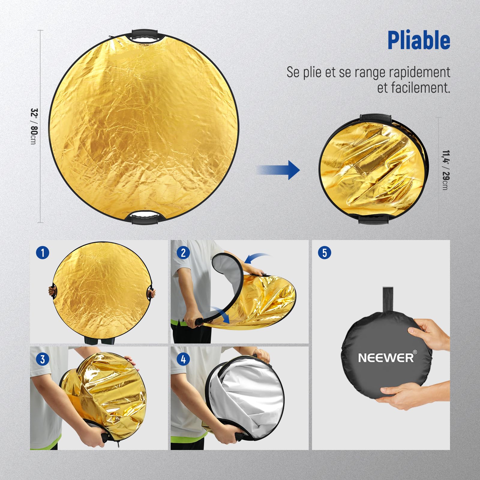 NEEWER 80cm Réflecteur de Lumière,Diffuseur de Lumière Multi-disques Pliable 5 en 1,Translucide/Argenté/Doré/Blanc/Noir,avec Poignées,Filetage 3/8"et Chiffon Nettoyage pour éclairage Extérieur,RF-80II