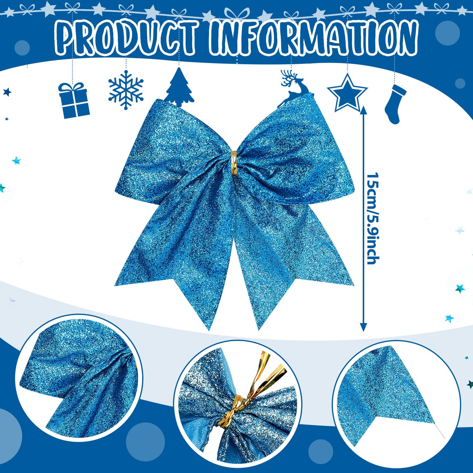 Daifunli 12 Pcs 6 Inch Christmas Bow Decorations Glitter Wreaths Bows Small Christmas Tree Bow Shiny Sequin Bow Ties Xmas Bows for DIY Craft Gift Wrapping Holiday Party Basket Ornaments(Blue)