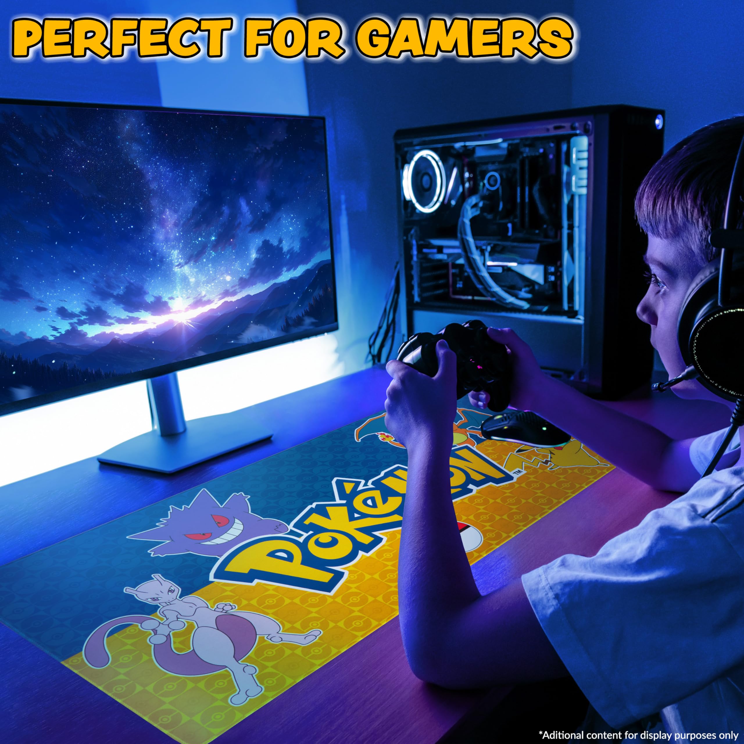Pokémon Alfombrilla Ratón Antideslizante Pikachu Alfombrilla Gaming Grande 80x35 cm Tapete Escritorio 80 x 35cm Regalo Gamer (Azul Marino)