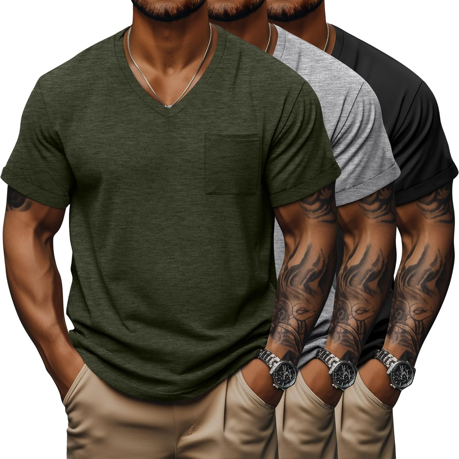 Neer 3 Pack Men's Big and Tall V Neck Pocket T-Shirts, Short Sleeve Shirts Summer Loose Fit Casual Basic Tee