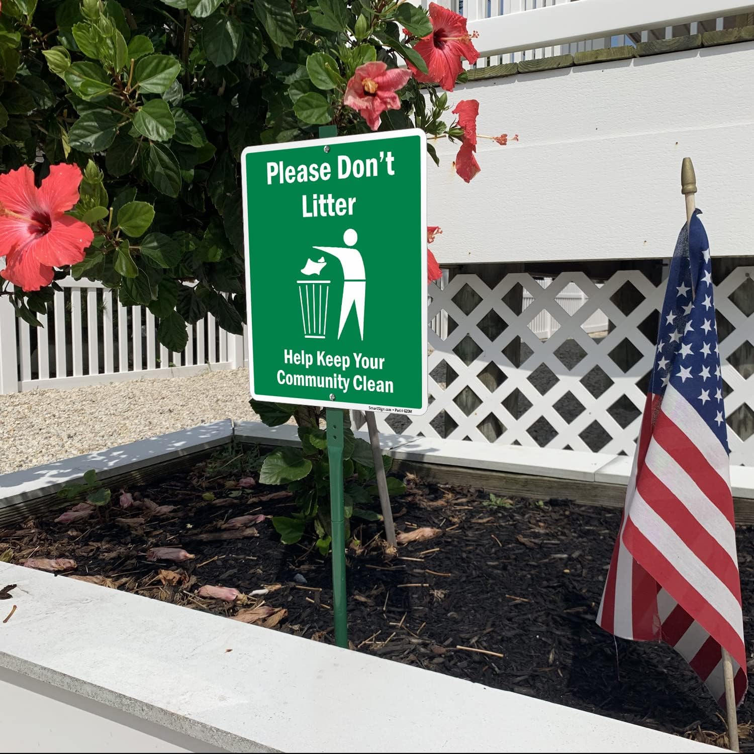 SmartSign 12 x 10 inch “Please Don't Litter - Help Keep Your Community Clean” LawnBoss Yard Sign with 3 foot Stake, 40 mil Laminated Rustproof Aluminum, White and Green, Set of 1, Made in USA