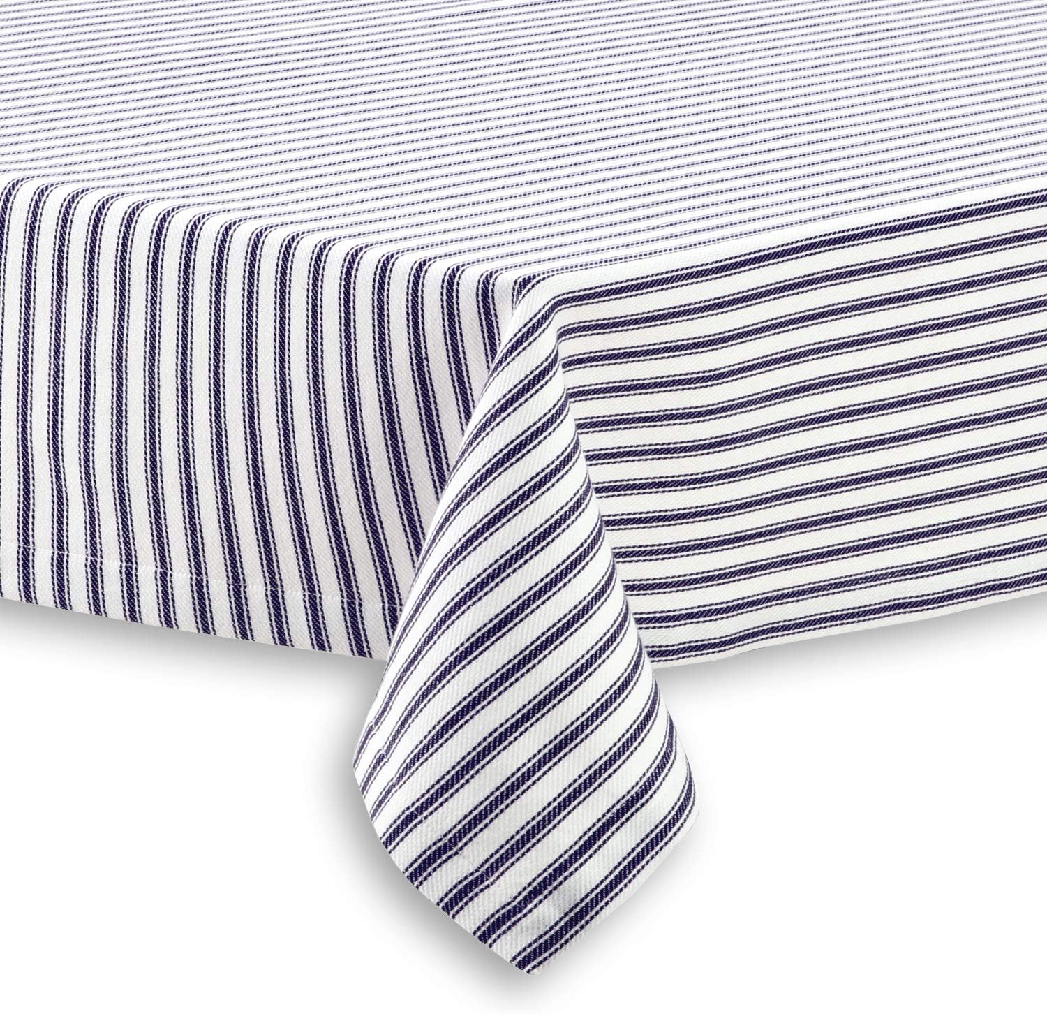 Cackleberry Home Navy Blue and White Ticking Stripe Woven Cotton Fabric Tablecloth, 52 x 70 Rectangular