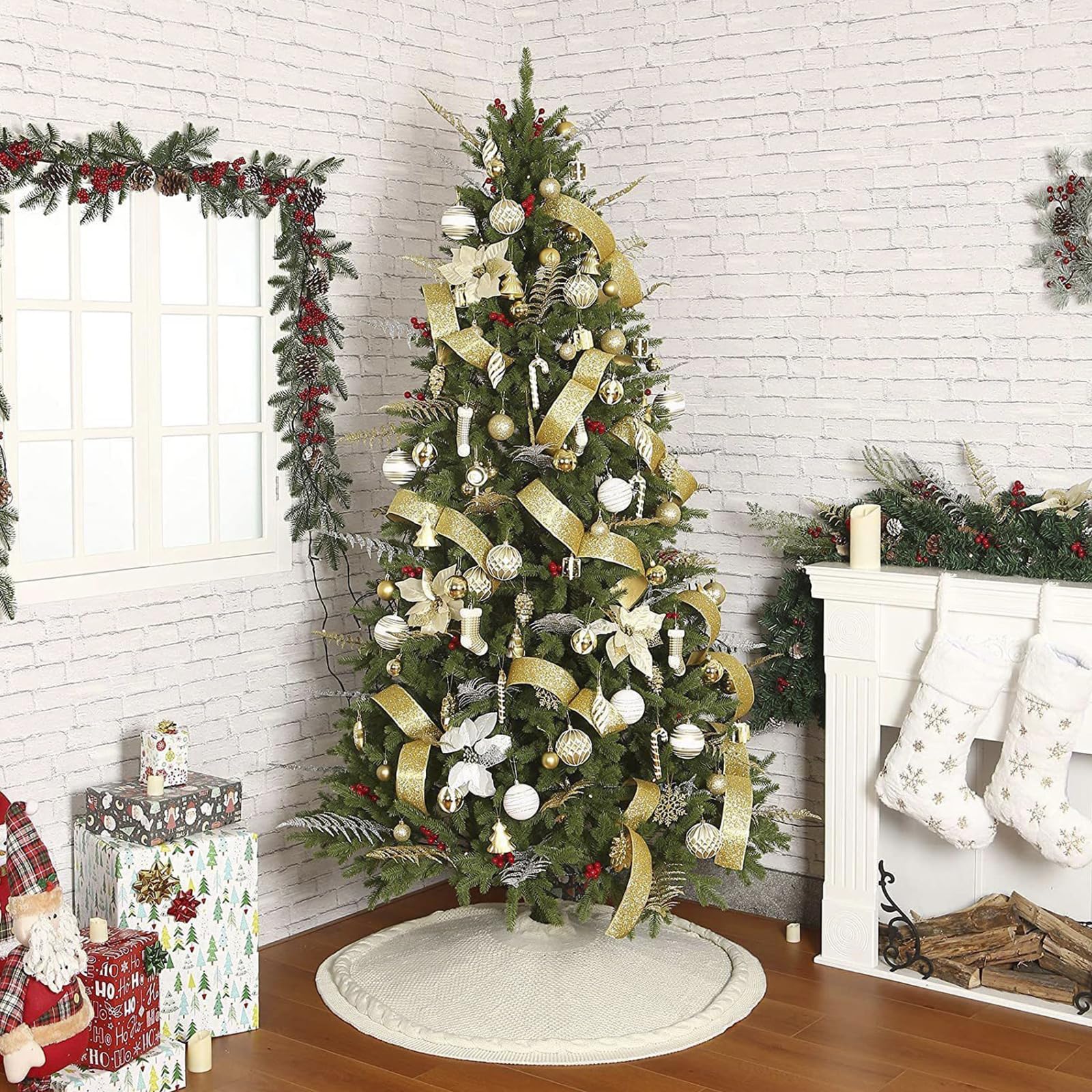 Gonna per Albero di Natale 122 cm, Tappeto per Albero Rotonda Rustico Spesso a Maglia Intrecciata, Grande Copri Piedi Albero Natale per Natale Capodanno Festa in Casa,Cream