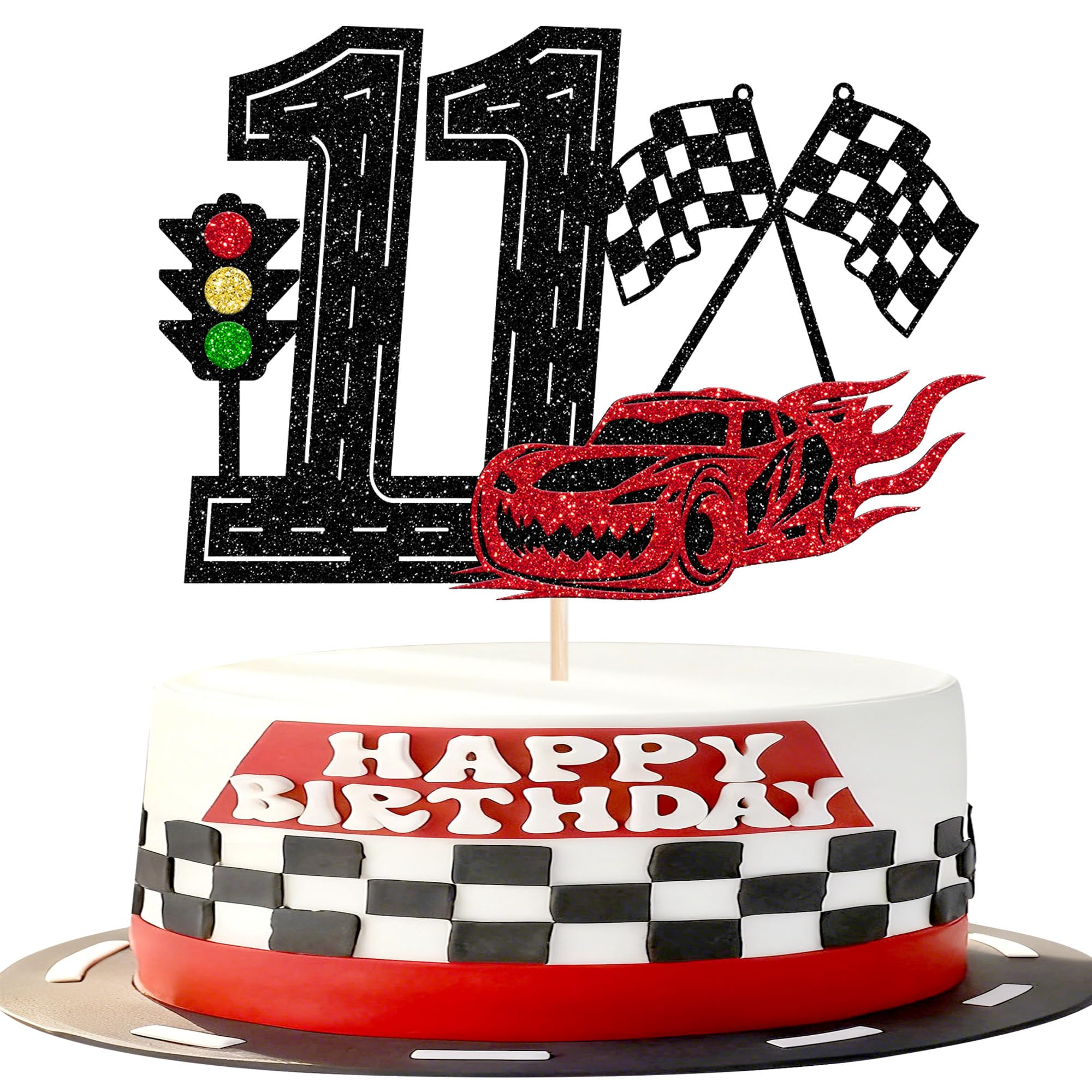 1 Stück Renn Auto 11th Tortendeko Rennwagen Cake Topper Karierter Flagge Kuchen Deko für Racing Sports Thema Kinder Geburtstag Party Kuchen Dekorationen