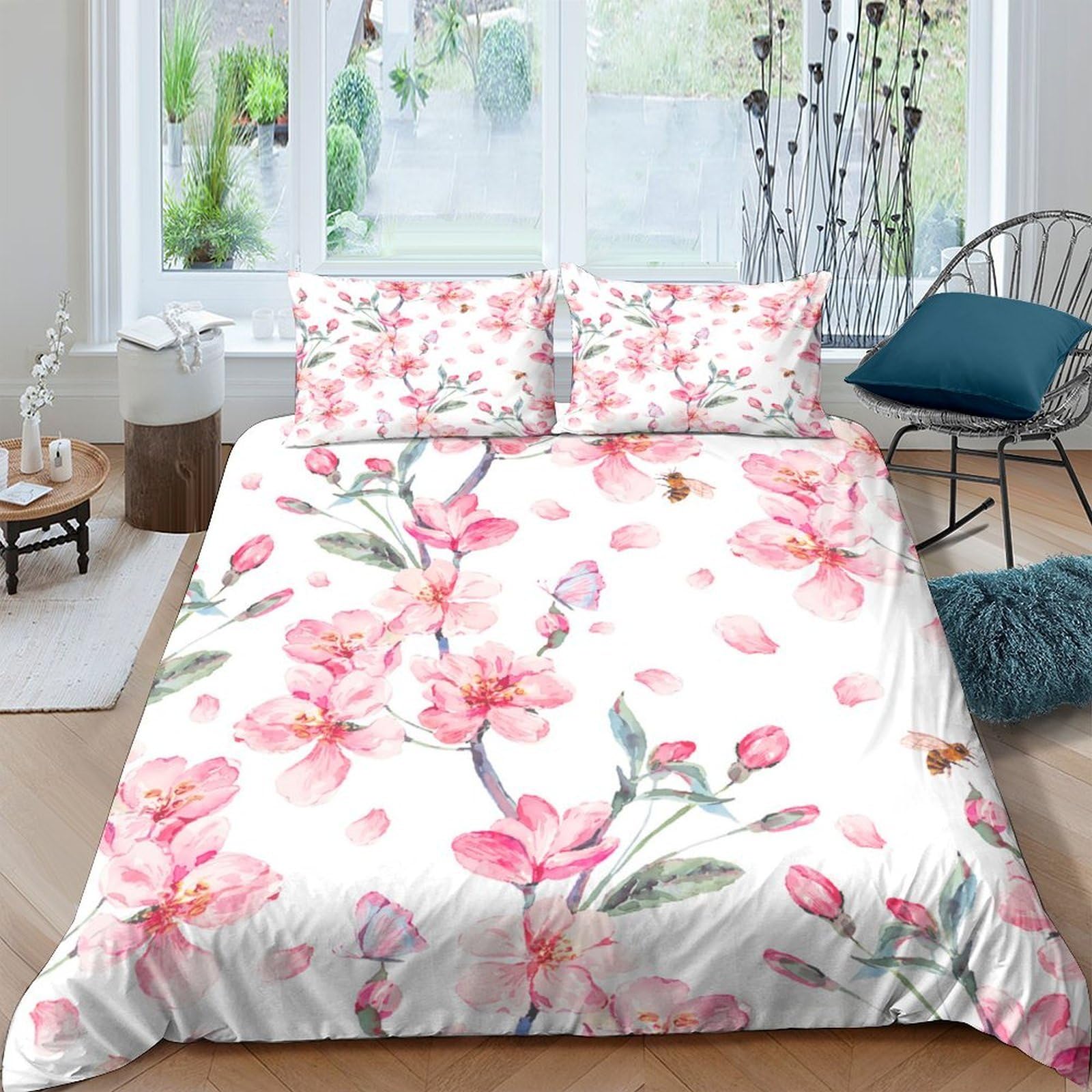 Ctjqhvkz Style-2 3D Printed Pink Blossom Fitted Sheet Microfiber Soft Floral Butterfly Mattress Cover For Bedroom Decor Protection Single（135X200cm）