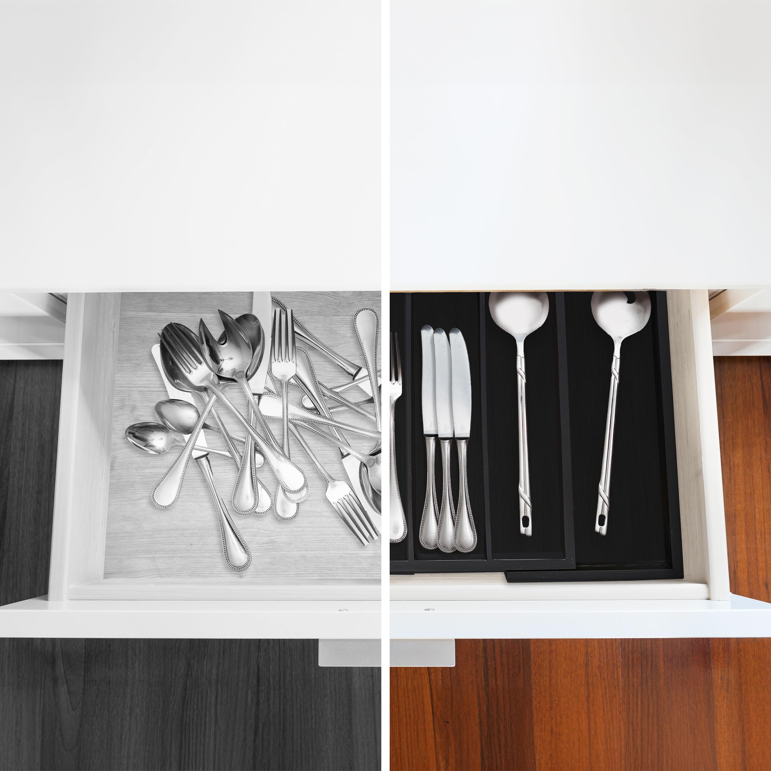 Relaxdays Portaposate da Cassetto in bambù, Regolabile, 7 Scomparti, Utensili da Cucina, 5,5 x 31,5-48,5 x 37 cm, Nero
