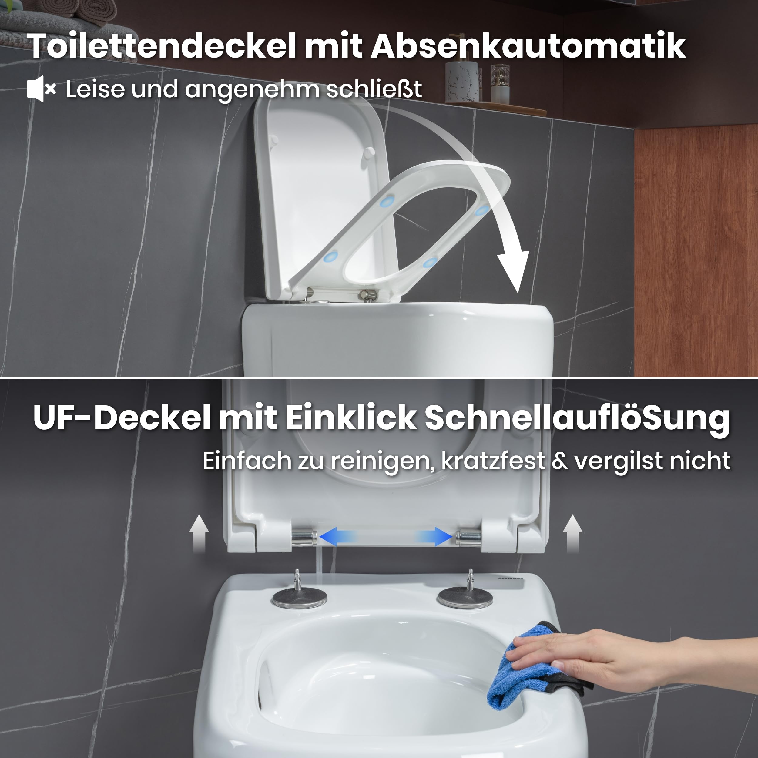 Casta Diva Wand WC, Hänge WC Spülrandlos Kraftvolle Tornado Spülung, Geräuscharm Toilette, UF Kloschüssel inklusive WC-Sitz mit Absenkautomatik und Schnellspanner, 51cm (Weiß)