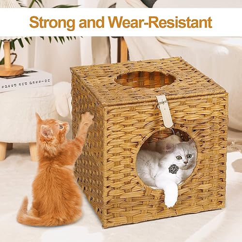 Miniatura 4 de Mewoo Ratten Cat House Condominio con ratán interactivo de bola colgante * 4 juguetes y cojín de algodón, cama de mimbre cerrada para gatos, trigo