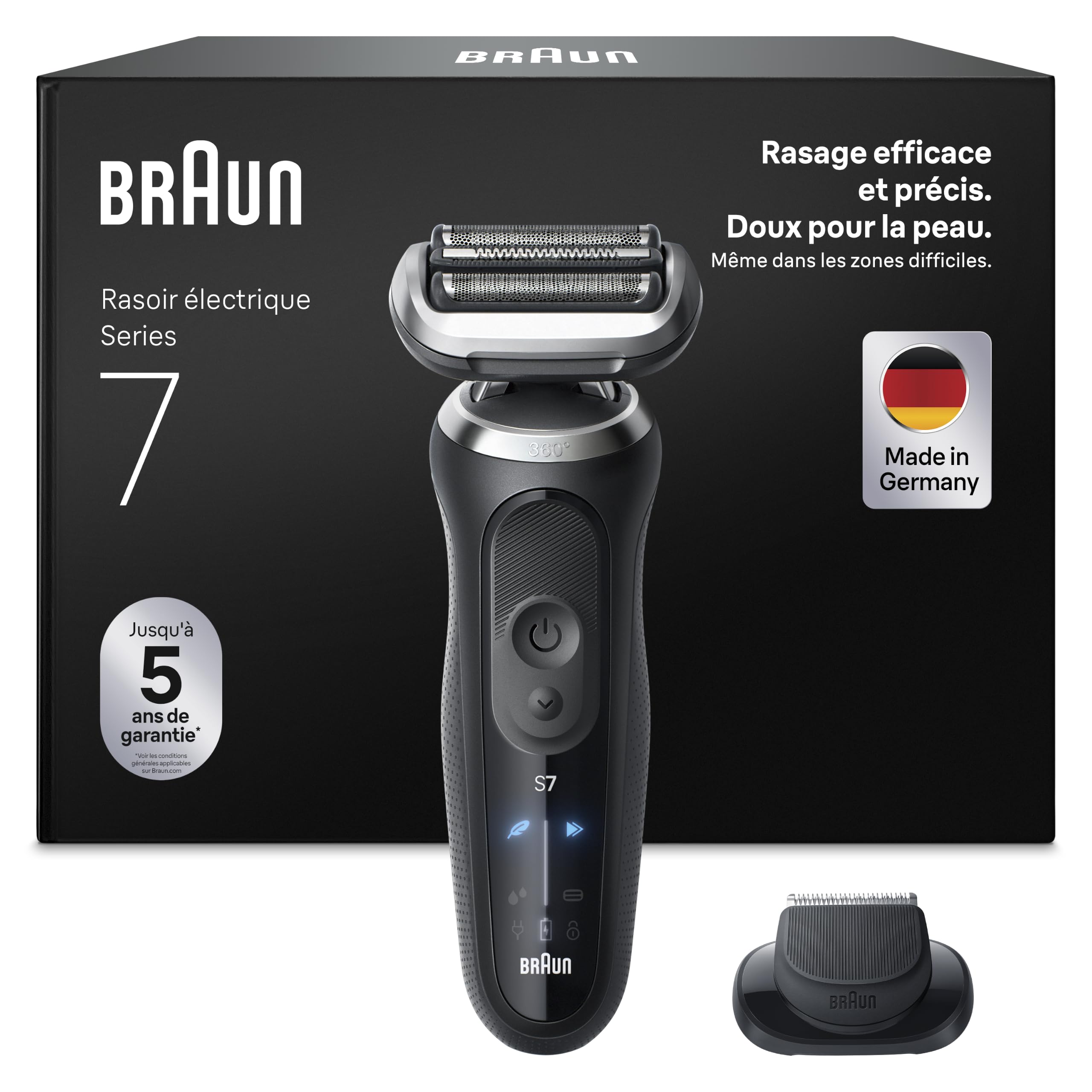 Braun Rasoir Electrique Homme Series 7 72-N1200SI Noir, Etanche, Lames Flexibles Pour Bien Raser Le Visage, 3 Modes De Rasage De Barbe, Avec Tondeuse De Précision, Coffret Avec Brosse De Nettoyage