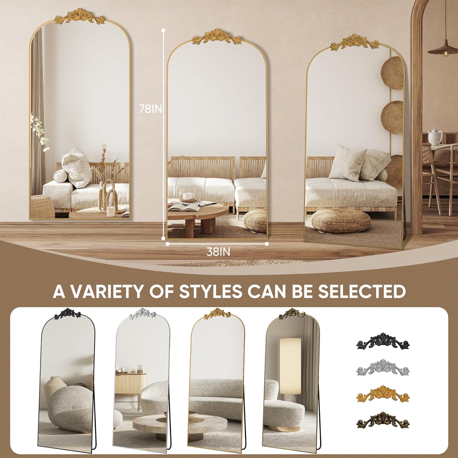 Antok Arched Full Length Mirror, 78"x38" Floor Mirror with Carved, Full Body Mirrors for HomeDecor, Standing/Halling Large Wall Mirror for Bedroom, Living Room, Cloakroom, Gold, Retro Style - Image 7