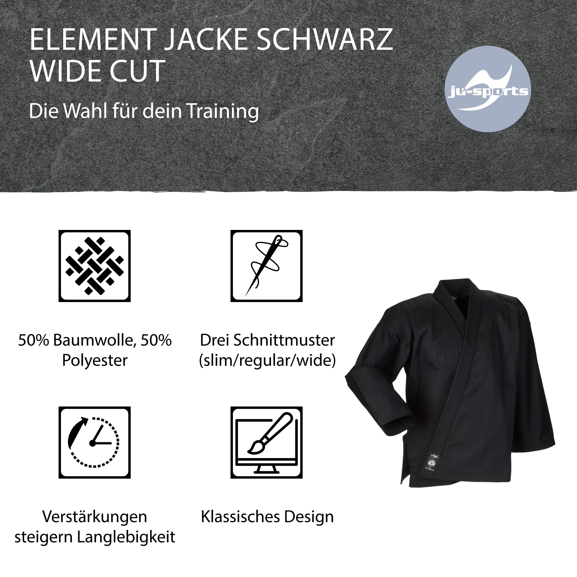 Ju-Sports Element Jacke schwarz wide cut I Judoanzug Jacke Kinder & für Erwachsene I Judogi Jacke aus langlebigem Mischgewebe I Doppelt verstärkter Schulter- & Brustbereich