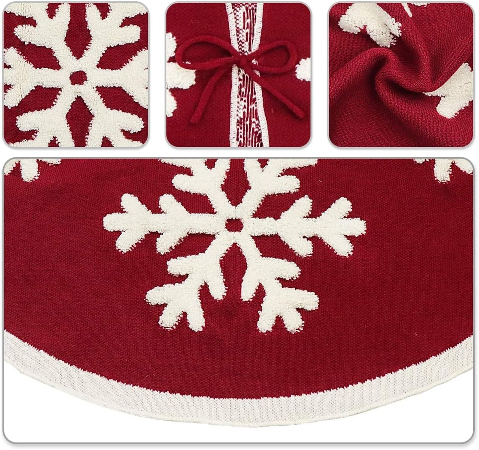 Weihnachtsbaum Rock, Gestrickter Weihnachtsbaumrock 48 Zoll Weinrote Weihnachtsdekoration Mit Weißen Schneeflocken Decke Weihnachtsbaum