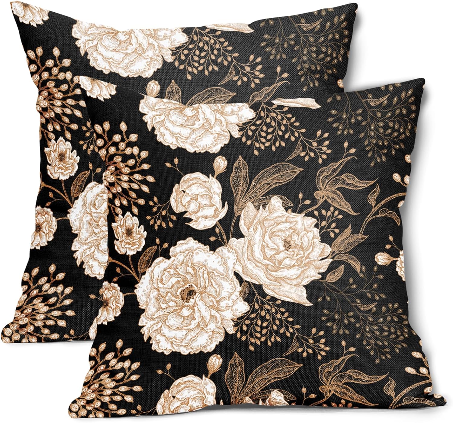aportt Vintage Peony Roses Floral Plant Pillow Covers 24X24 Inch Set of 2 Chinoiserie White Flower Leaves Decorative Pillow Cases Black Gold Cushion Case Vintage Home Decor for Sofa Couch Outdoor