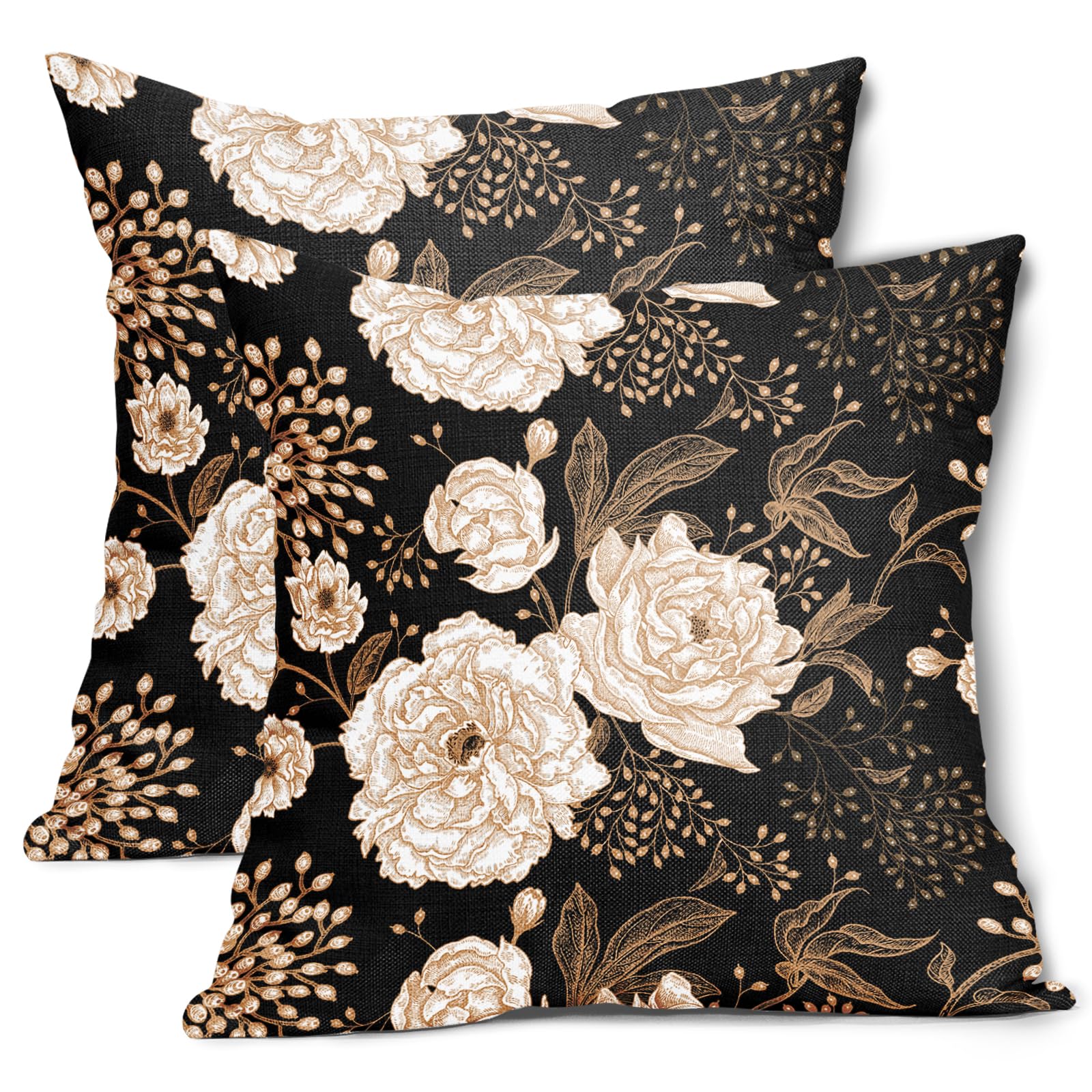 aportt Vintage Peony Roses Floral Plant Pillow Covers 24X24 Inch Set of 2 Chinoiserie White Flower Leaves Decorative Pillow Cases Black Gold Cushion