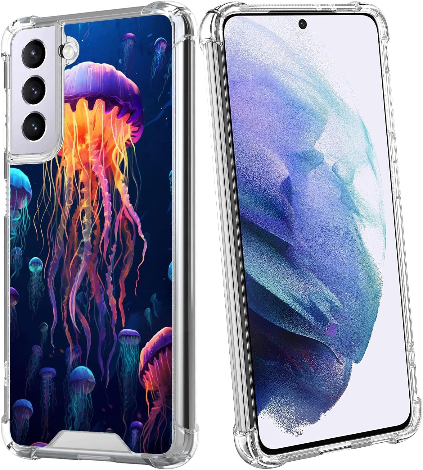 Case for Samsung Galaxy S21+ with Jellyfish Designer Art154 Pattern Clear Frame Slim Transparent Soft TPU Shock-Proof Four Corners Reinforced Mobile Phone Case