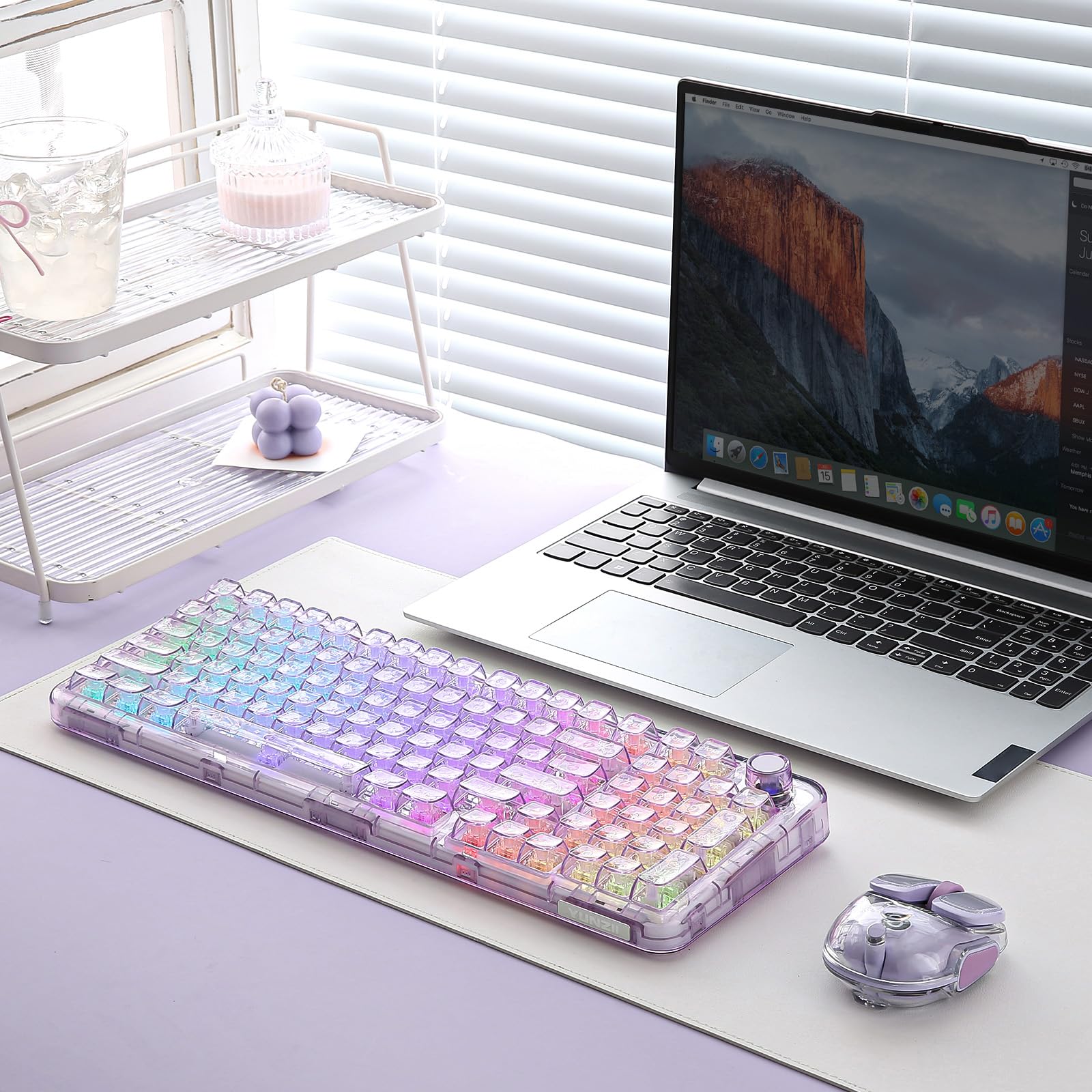 YUNZII X98 Clavier Mécanique Translucide avec Molette(Violet, Neige) | Bluetooth5.0/2,4 Ghz sans Fil/USB-C Filaire, Switch Pré-lubrifiés, Gasket, Hot-Swap, RGB QWERTY pour Win/Mac