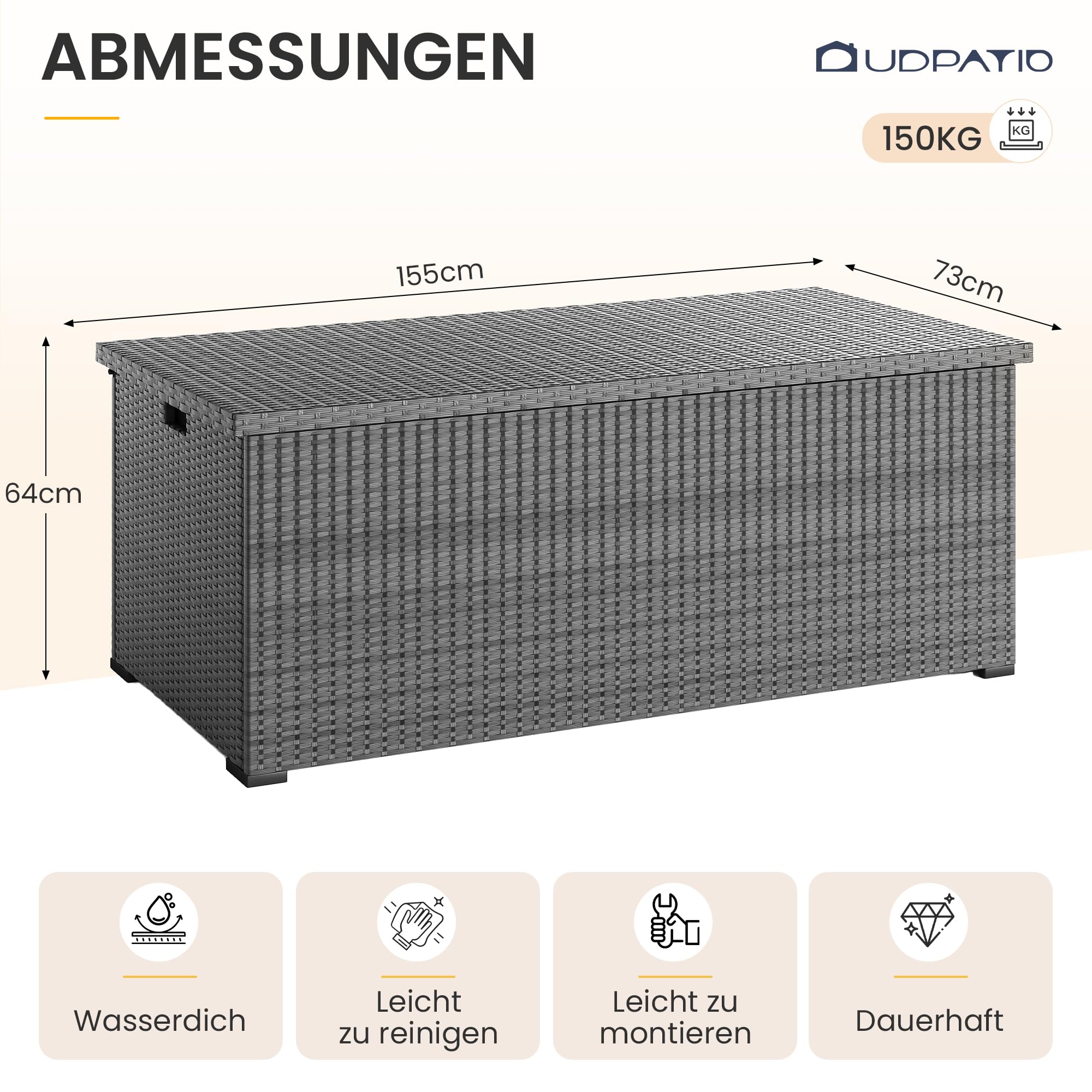 UDPATIO Gartenbox Wasserdicht 650L, Aufbewahrungsbox Garten XXL, Auflagenbox Wetterfest, Kissenbox Outdoor mit Deckel, Gasdruckfedern, ideal für Garten, Terrasse & Balkon | Grau