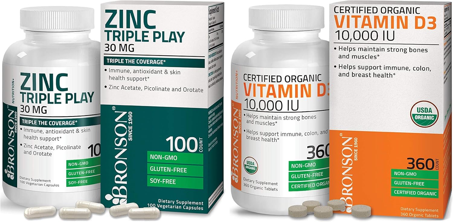 Bronson Vitamin D3 10,000 IU (1 Year Supply) for Immune Support + Bronson Zinc Triple Play 30 mg Triple Coverage Immune Support