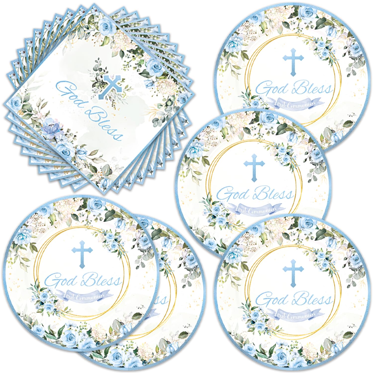 Frypeas 40Pcs Blue God Bless Party Supplies Tableware Set 20 Plates and 20 Napkins for God Bless Party Decoration Serve 20 Guests
