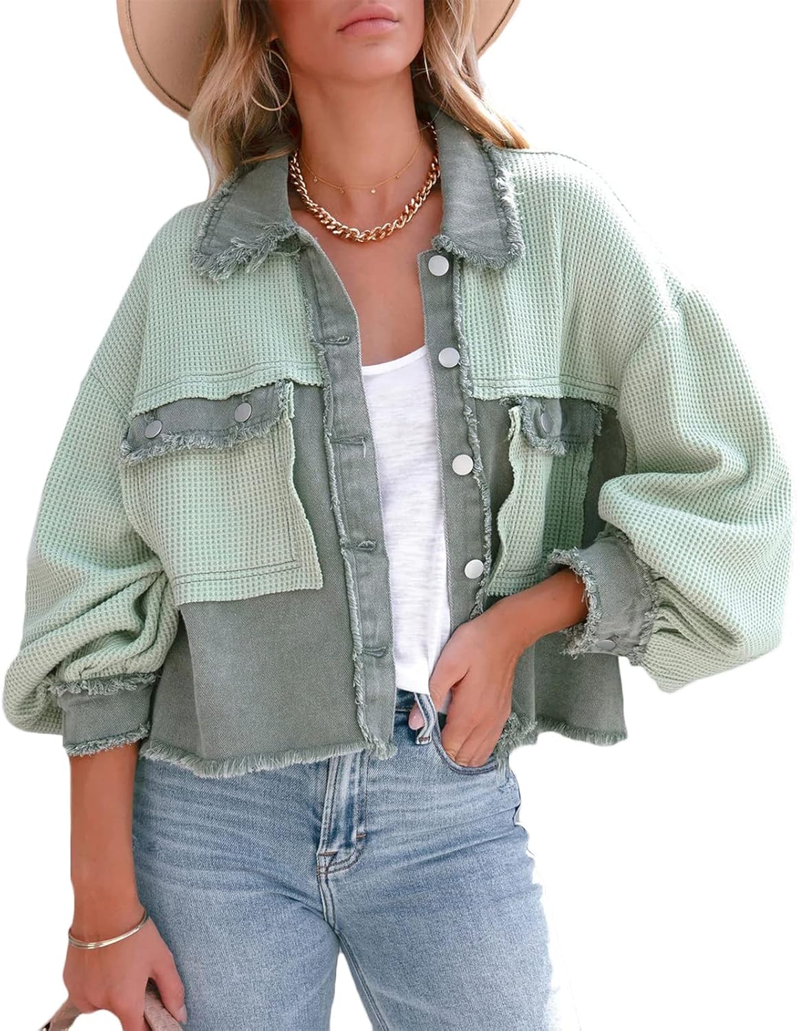 Women Waffle Knit Shacket Cropped Denim Stitching Button Down Loose Long Sleeve Jacket Tops