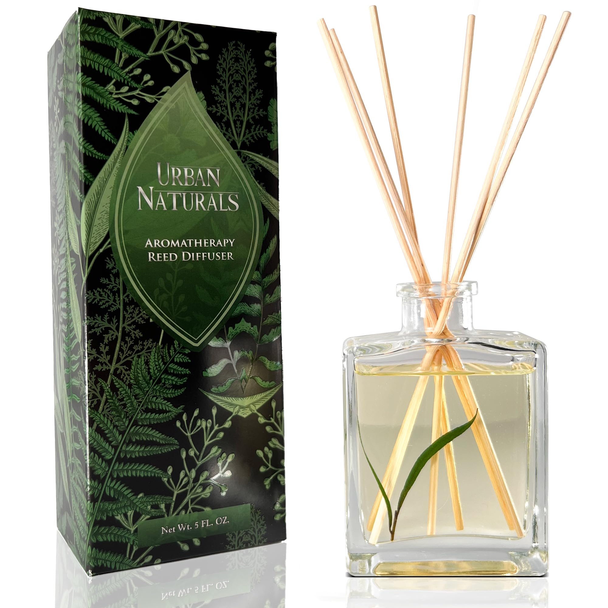 Urban Naturals Eucalyptus Sage Reed Diffuser Oil Gift Set – Eucalyptus, Sage, Mint, Lime & Cedarwood Essential Oils– Relaxing Scent – Sleek Rectangular Refillable Glass Bottle – Made in The USA